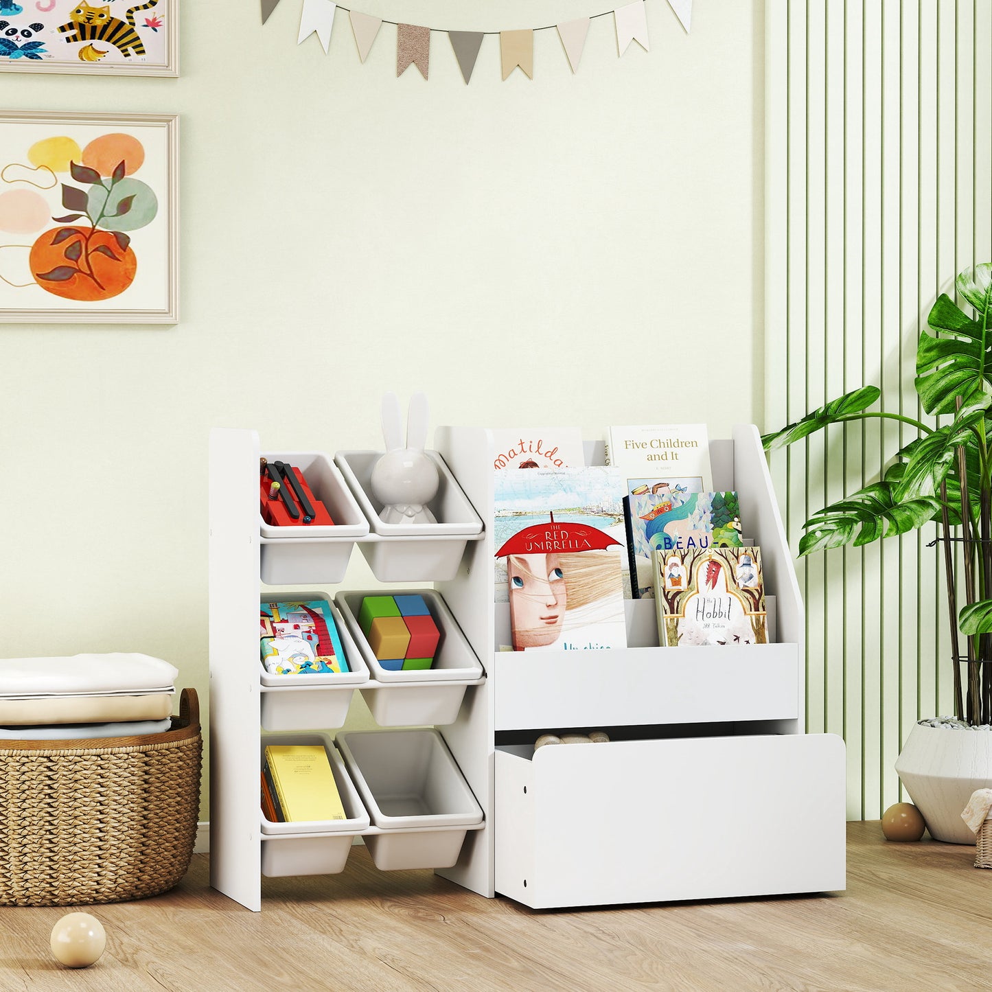 Qaba Kids Bookshelf and Toy Storage, 3-Tier Bookcase with 6 Removable Bins and Box for Toddler Nursery Playroom, White