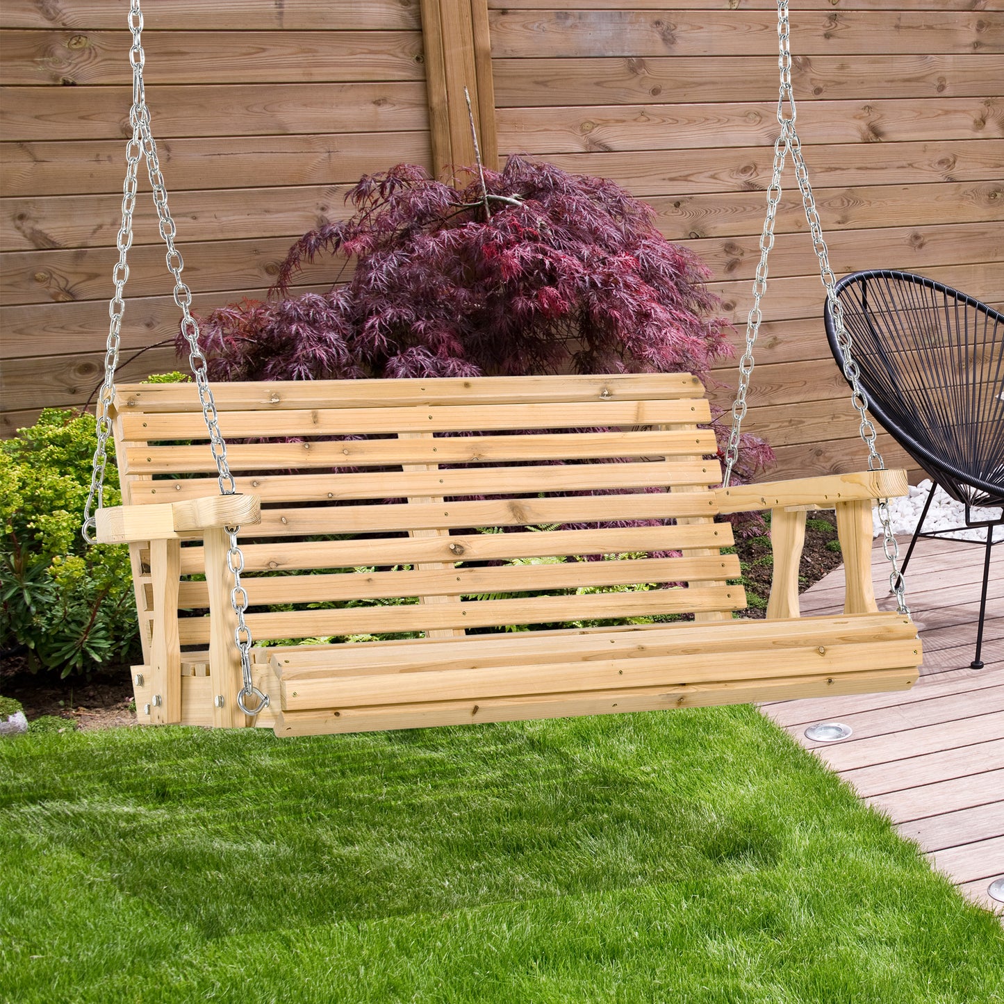 2 Seater Porch Swing Wooden Patio Swing Chair Seat with Cup Holder and Chains Outdoor Swing Bench for Garden Yard, Natural
