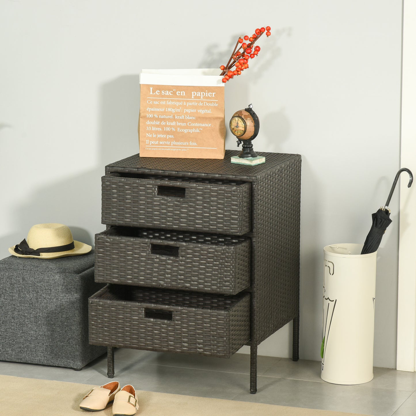 32" Poolside Rattan Wicker Patio Organizer Storage Cabinet Bathroom Storage w/ 3 Large Drawers Garden Outdoor