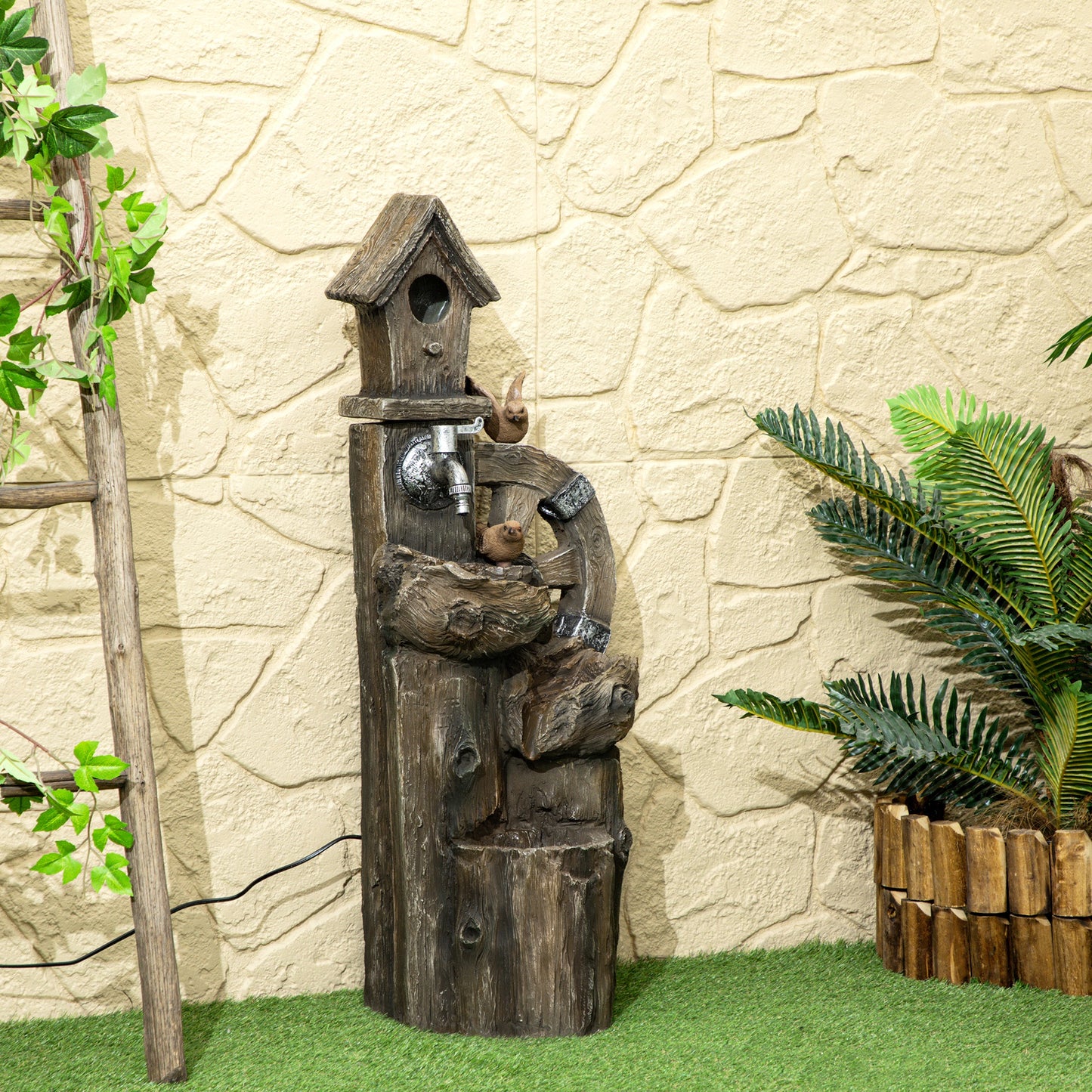 2-in-1 Outdoor Water Fountain with Birdhouse, Outdoor Waterfall, 13.6" L x 11.6" W x 36.2" H Mixed Colour