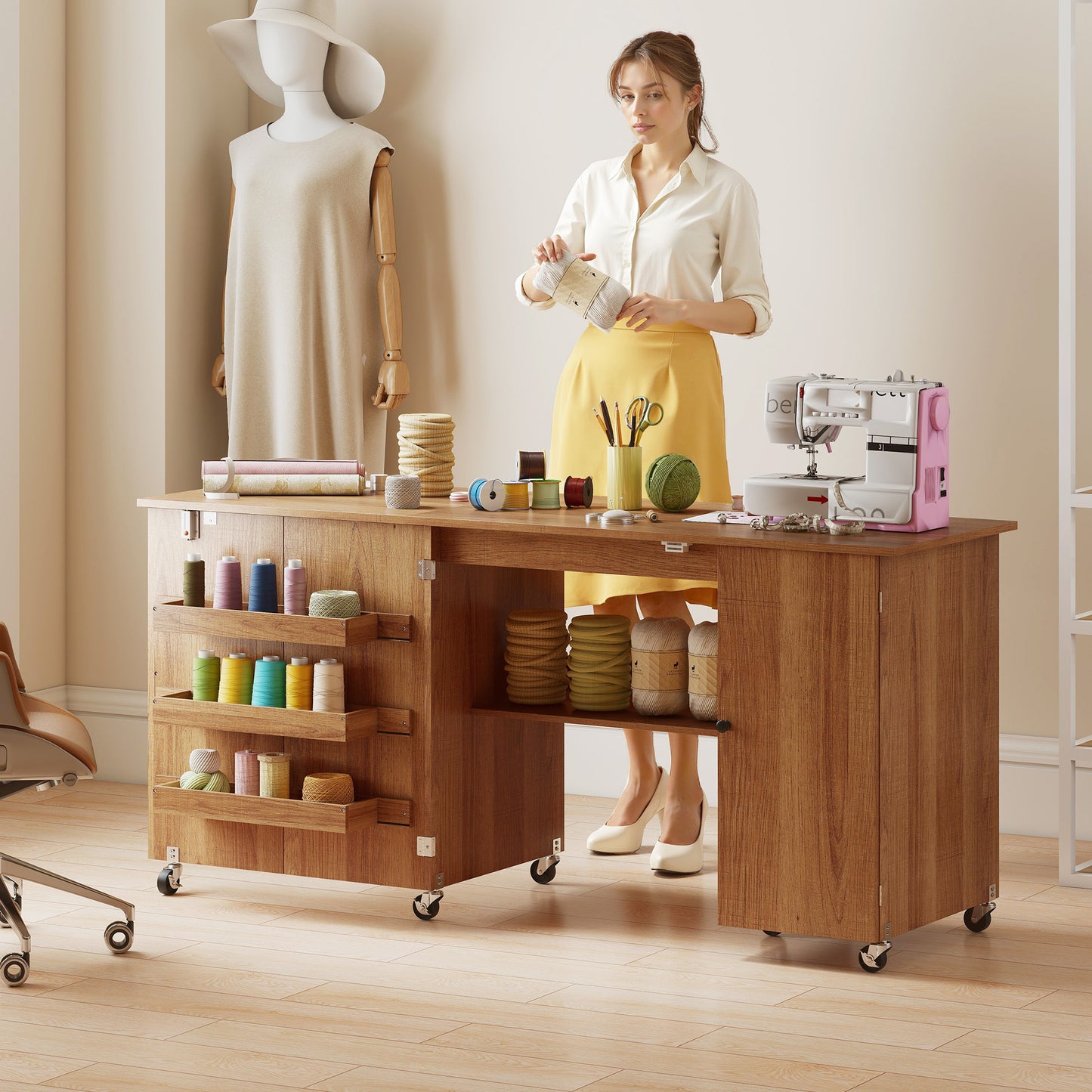 Sewing Machine Table with Drop Leaf, Folding Craft Table with 2 Doors and Adjustable Shelf for Small Spaces, Brown