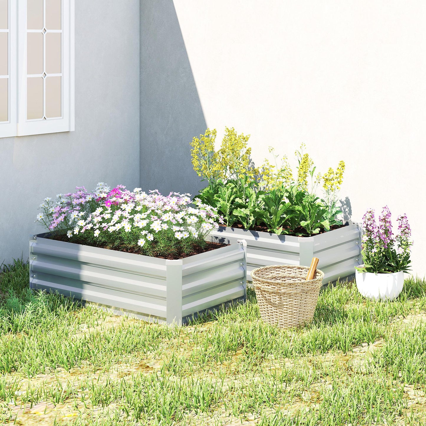 Set of 2 Galvanized Raised Beds for Garden, Outdoor Planter Box for Flowers, Herbs and Vegetables, Grey