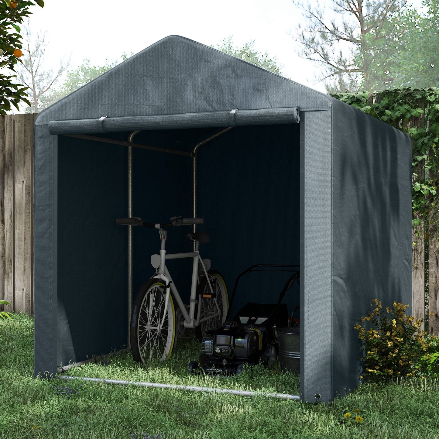 Portable Bicycle Shed with Galvanised Steel Frame and Large Door, Waterproof Outdoor Shed for Garden Tools, Dark Grey