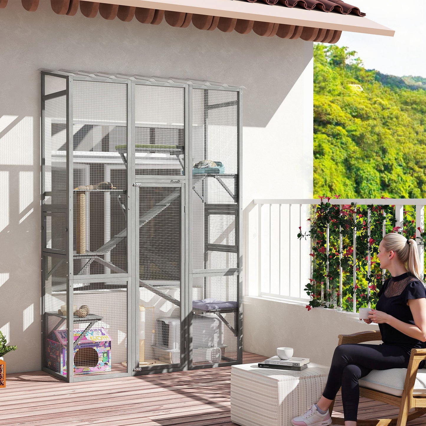 Large Outdoor Catio with 6 Jumping Platforms, Scratching Post, 2 Ramps, Waterproof Roof, Grey
