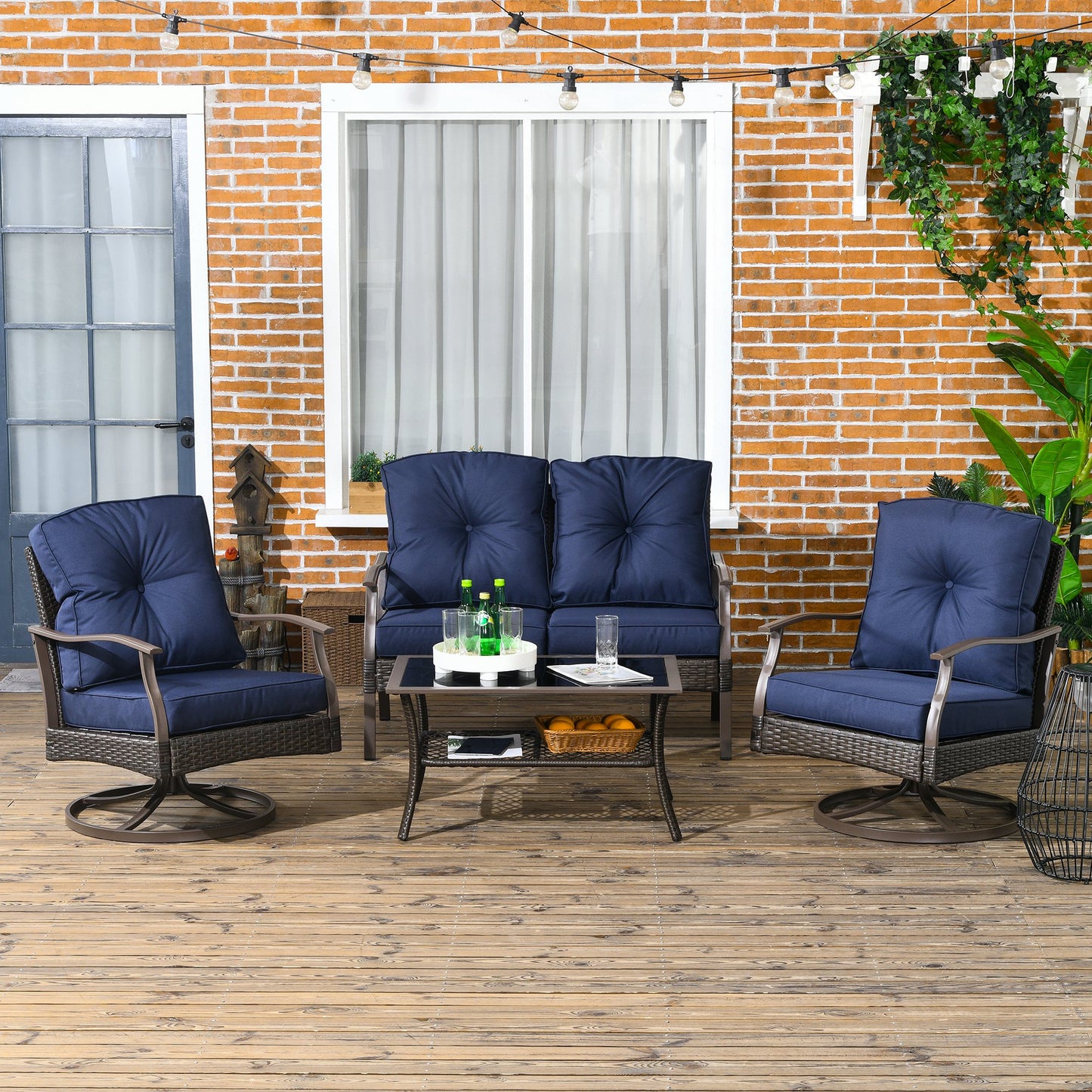 4 PCS Patio PE Rattan Wicker Sofa Set Outdoor Conversation Furniture w/ Two Tier Tea Table & Cushions, Navy Blue