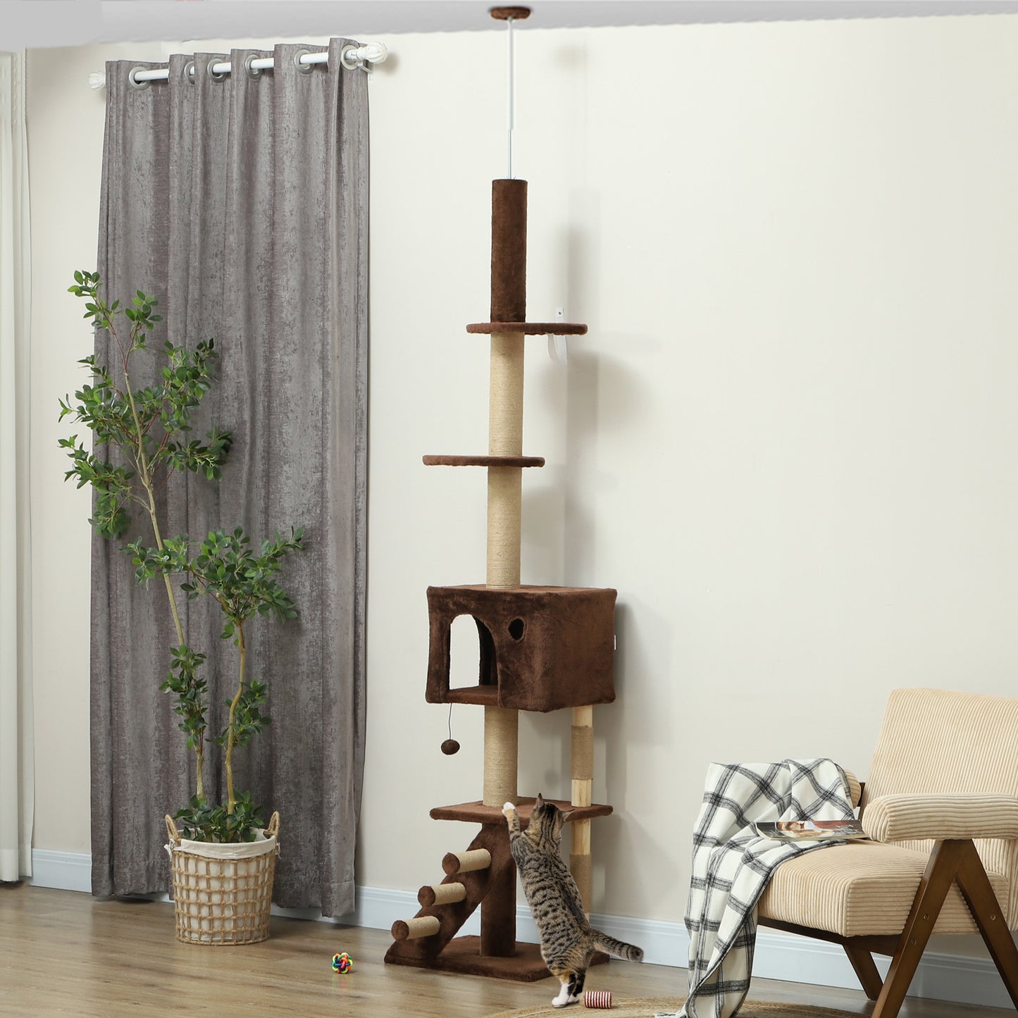 89"-100" Floor to Ceiling Cat Tree with Scratching Post, Cat House, 3-Steps, Hanging Ball, Perches, Anti-tip Kit, Brown