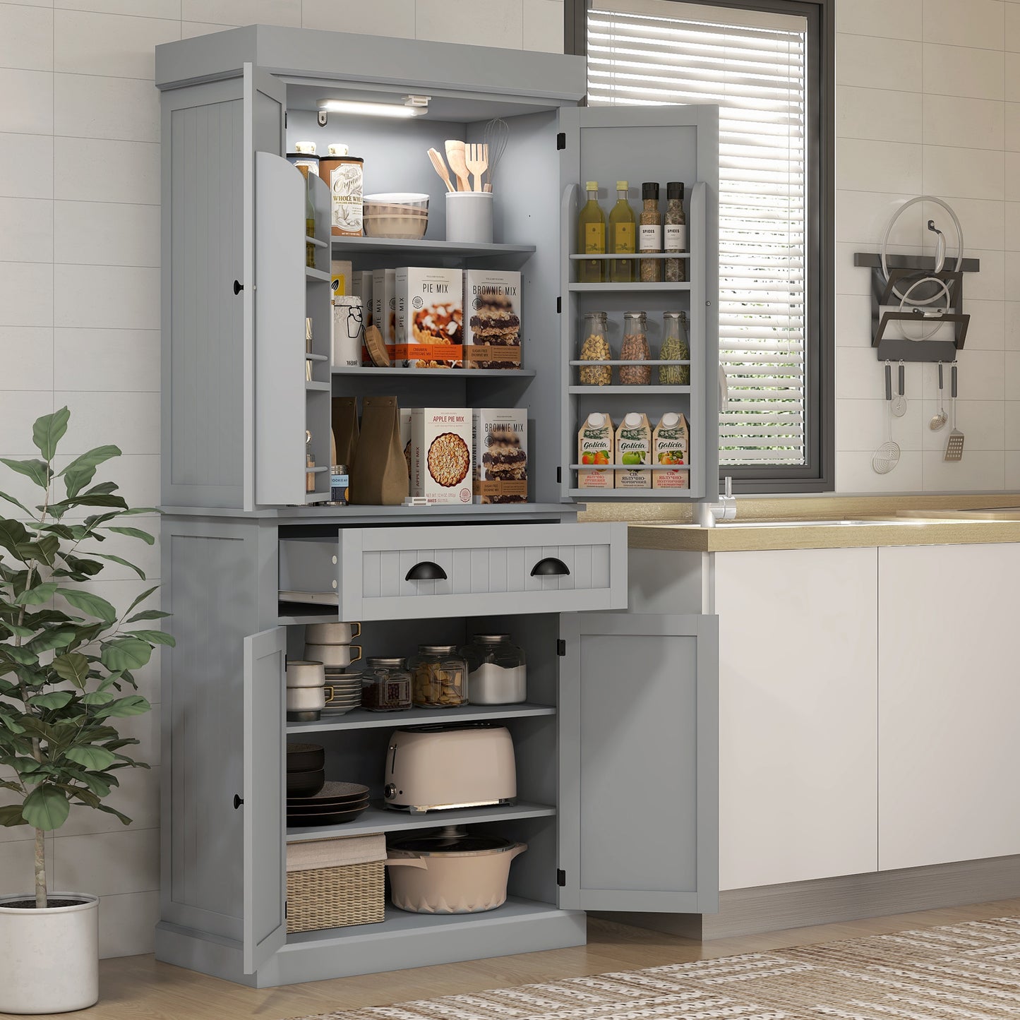 71" Kitchen Pantry Cabinet with LED Lights, 6 Spice Racks, a Drawer and 4 Adjustable Shelves, Grey