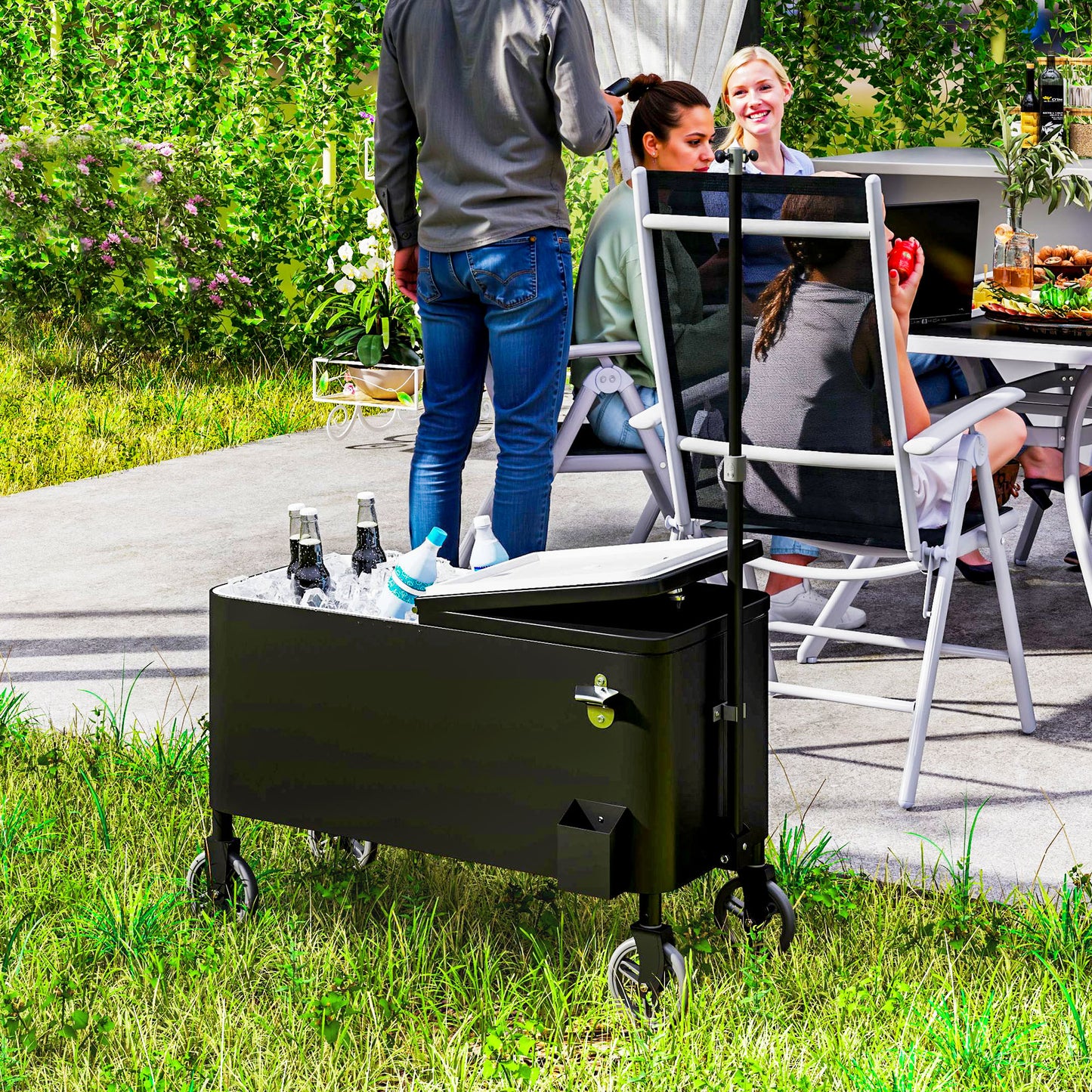 80-Qt Outdoor Patio Cooler Cart, Rolling Ice Chest with Adjustable Handle, Wheels, Bottle Opener, Drainage, Outdoor Beverage Cooler Bar Cart for Party BBQ Camping, Black