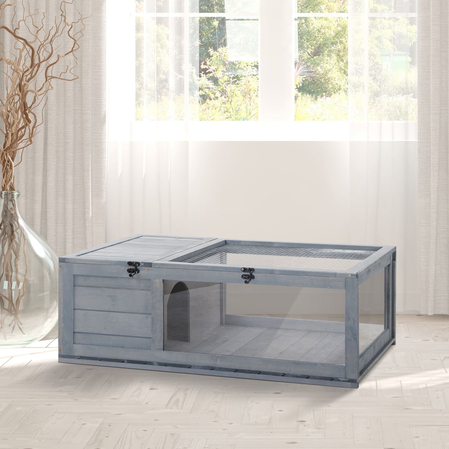 Wood Tortoise House for Lizards, Geckos, Indoor Outdoor Use, 35.8" x 23.8" x 12.6", Grey