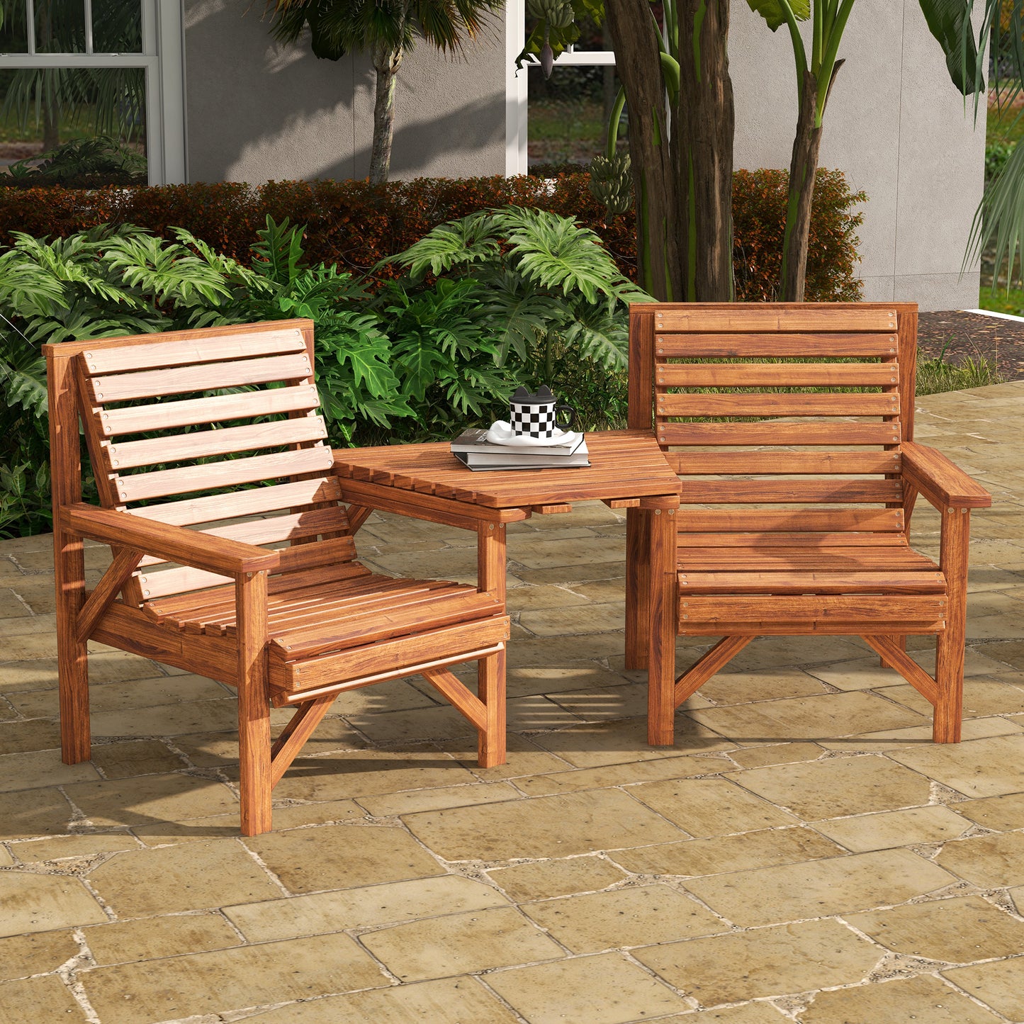 3Pcs Outdoor Bench Set for Backyard, Balcony, Tan Brown