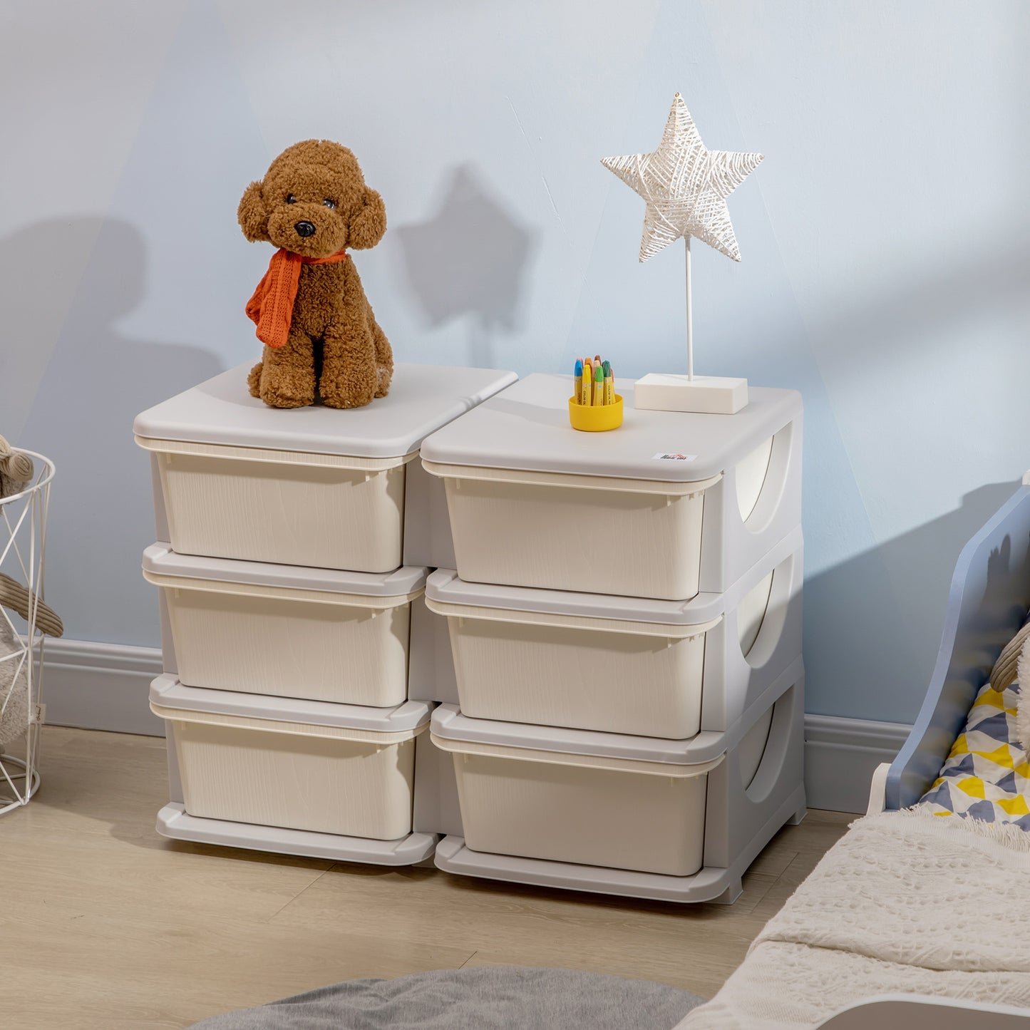 Qaba 3 Tier Kids Toy Organizer and Storage Bins with 6 Plastic Drawers, Cream White