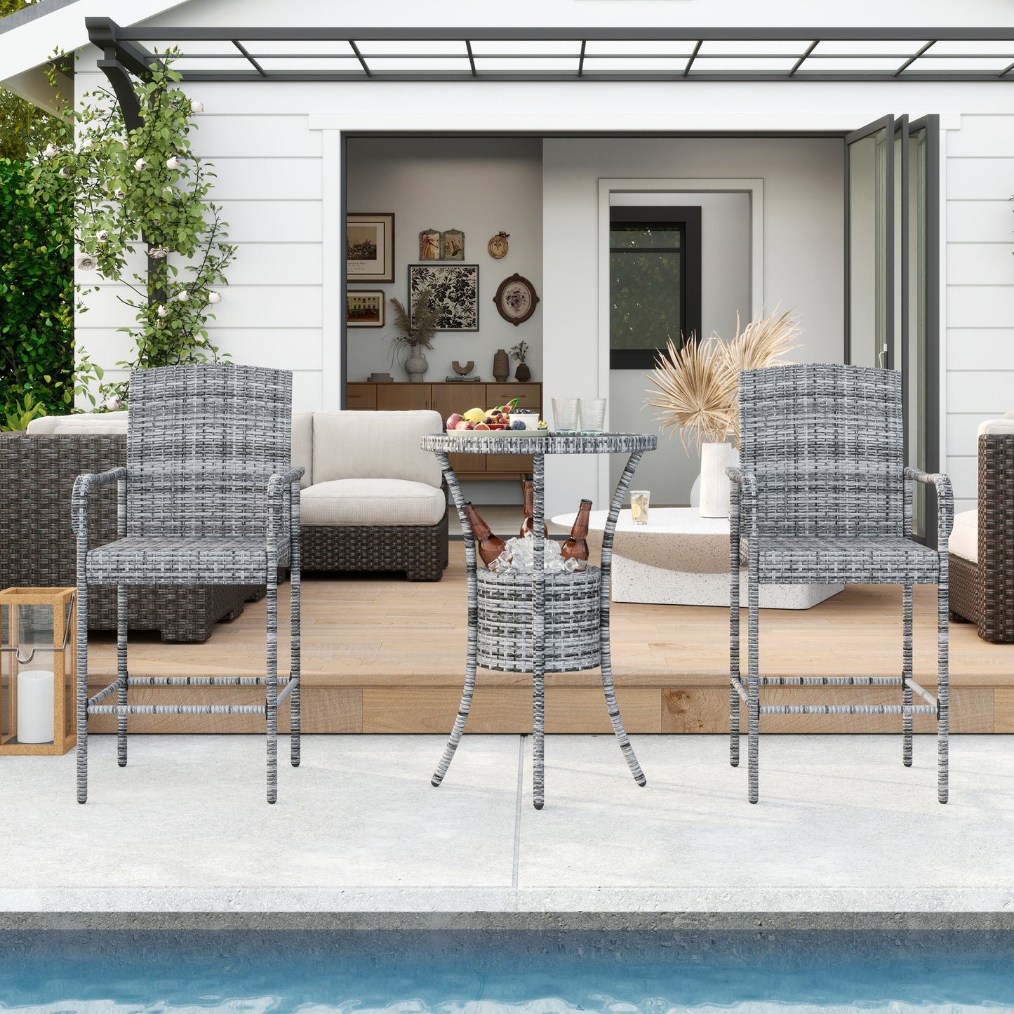 3 Pieces Patio Bar Set, Rattan Bistro Table and Chairs, Outdoor Conversation Furniture Set with Ice Bucket, Mixed Grey