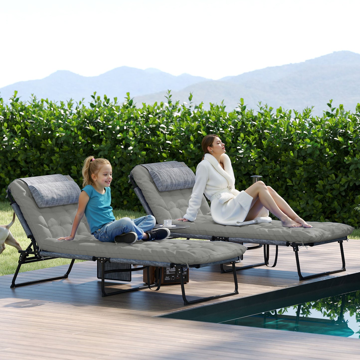 2-Piece Folding Lounge Chairs with Adjustable Backrest, Tanning Chair with Cushion, Side Pocket, Headrest, Grey