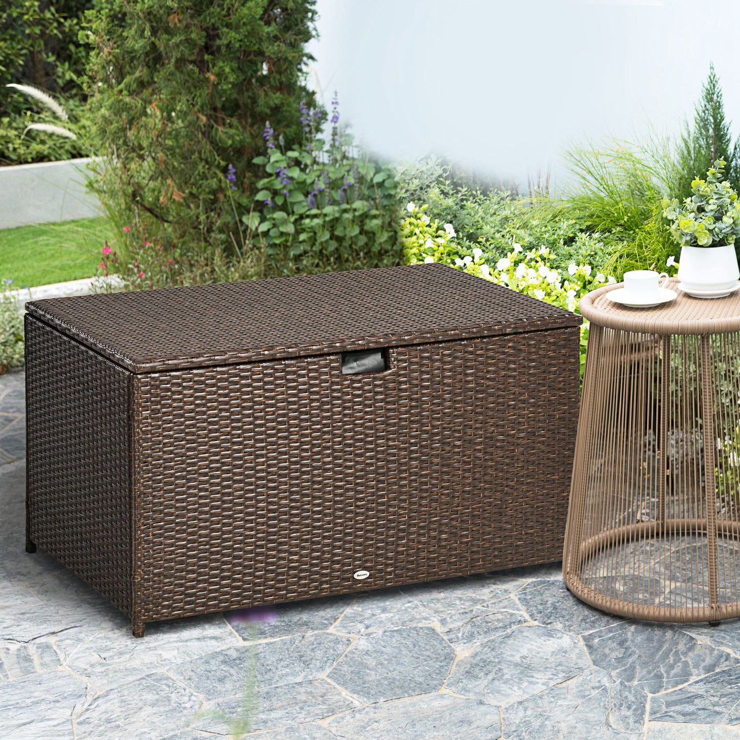 113 Gallon Outdoor Storage Box, Rattan Deck Box for Indoor, Patio Furniture Cushions, Brown
