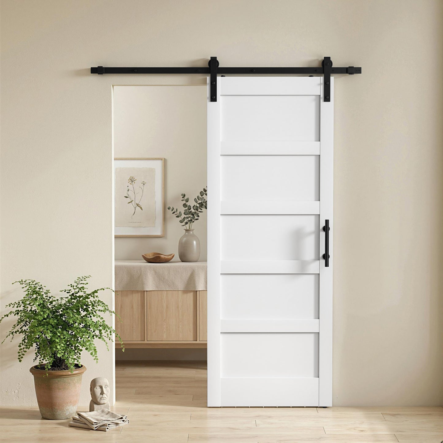 32"x84" Sliding Barn Door with Hardware Kit, Shaker Style Sliding Door with Handle, Track, Floor Guide, White Wood Grain