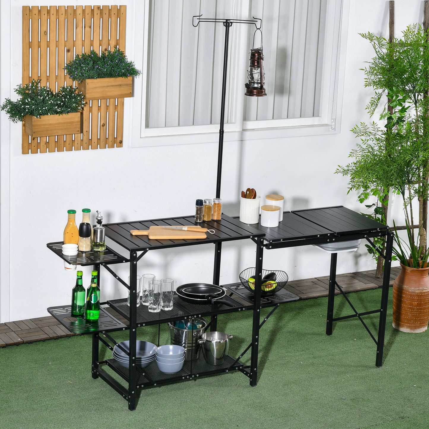 Folding Camping Kitchen, Portable Aluminum Cook Station with Carrying Bag, 3 Side Tables, 2 Shelves for BBQ, Black