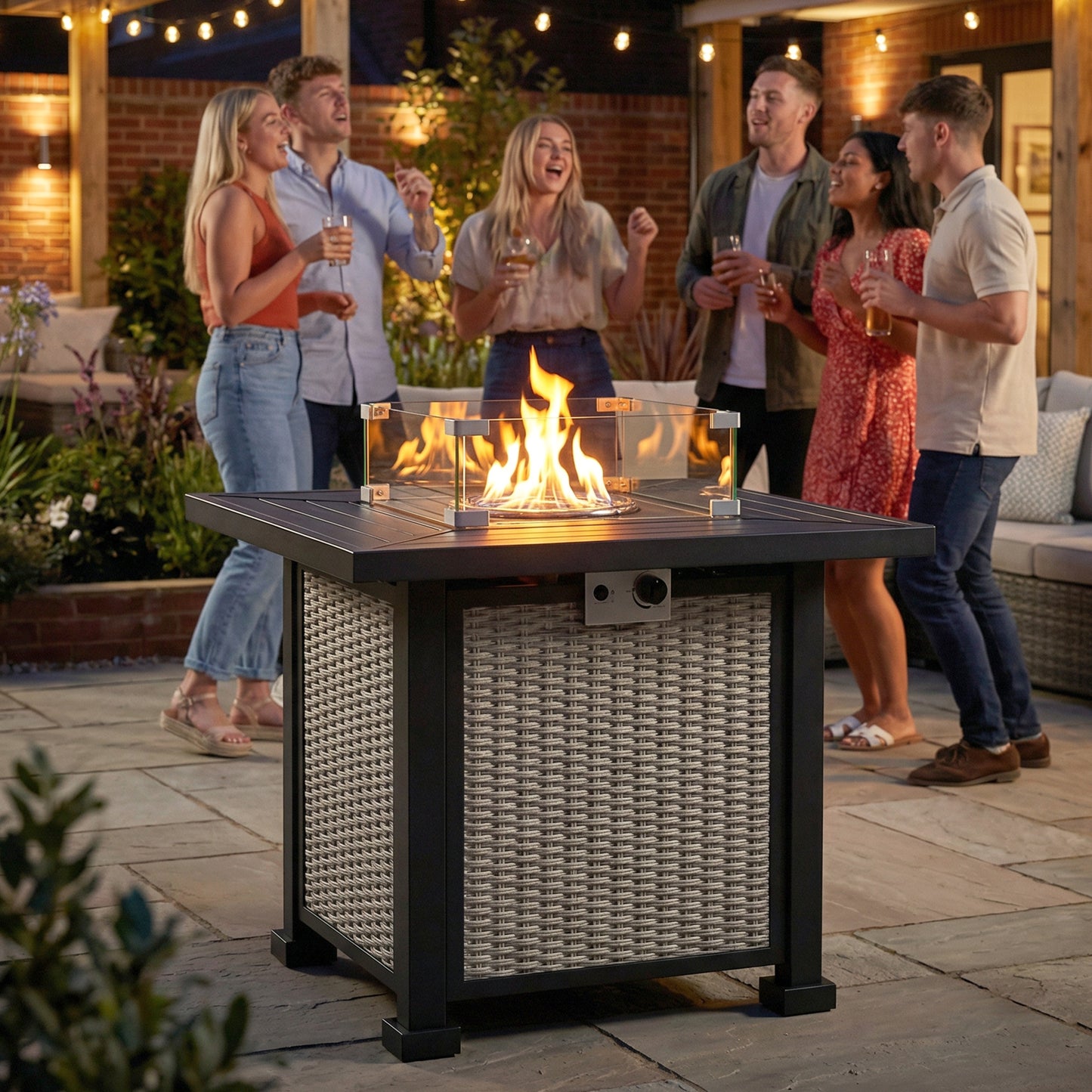 32" Propane Gas Fire Pit Table, 50,000 BTU Square Patio Table with Fire Pit, Wind Guard, Lid, CSA Certified, Grey
