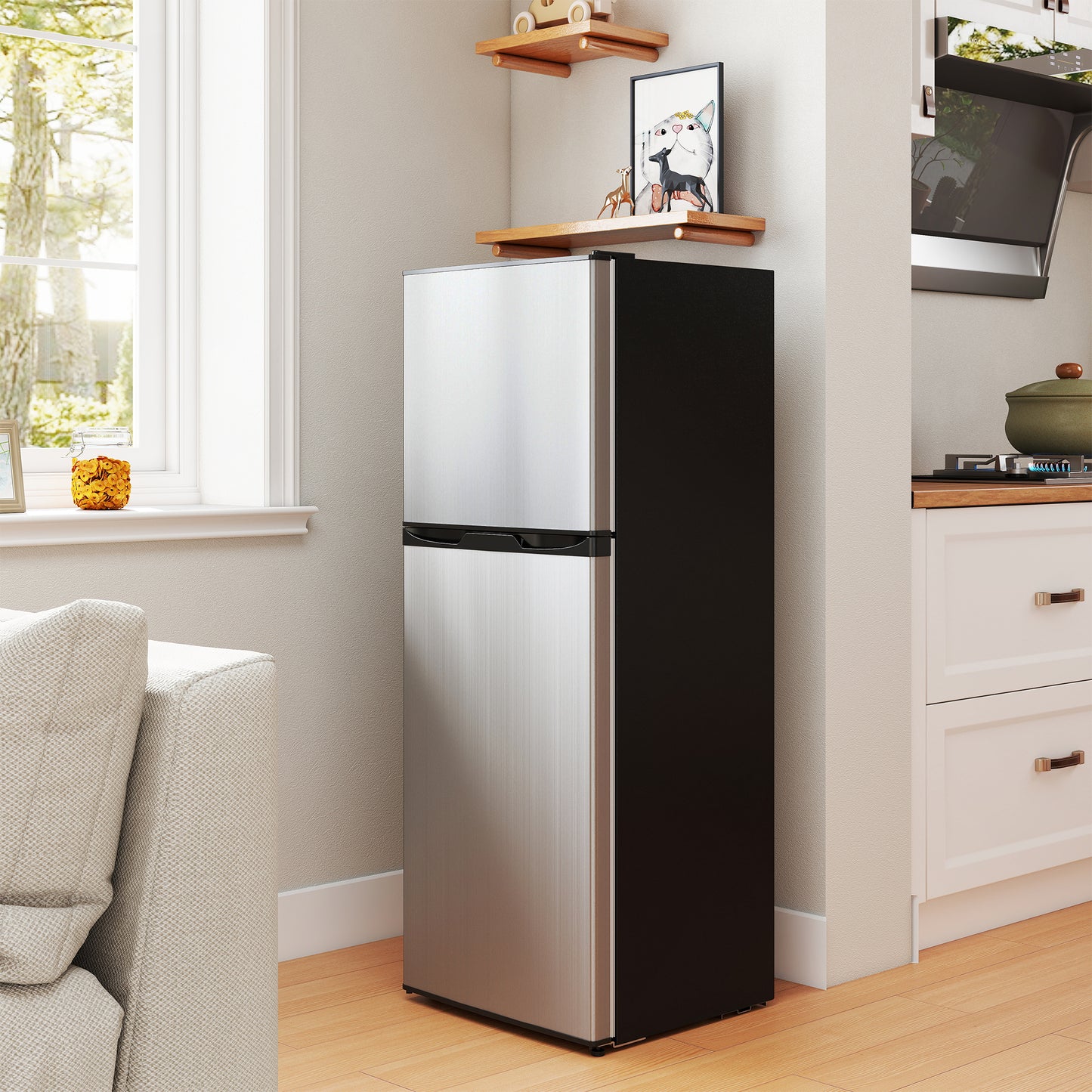 Double Door Mini Fridge with Freezer, 4.6 Cu.Ft Small Refrigerator with Thermostat, Shelves, Reversible Door, Silver