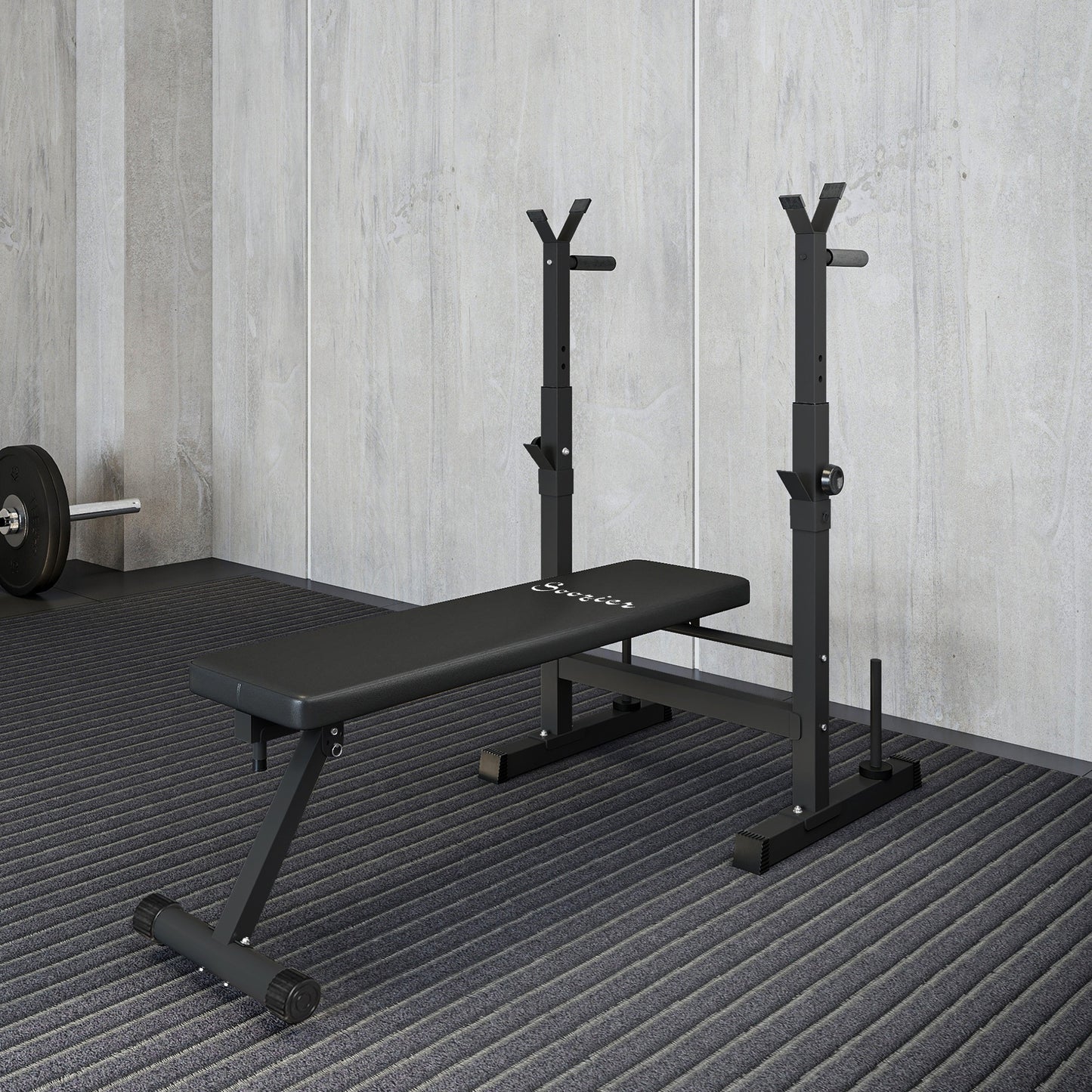 Soozier Adjustable Weight Bench, Foldable Bench Press with Barbell Rack and Dip Station for Home Gym, Strength Training Multiuse Workout Bench, Black