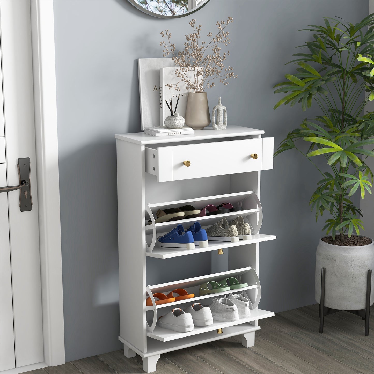 Slim Shoe Storage with 2 Flip Drawers and Adjustable Shelves Shoe Cabinet Organizer for 8 Pair, White