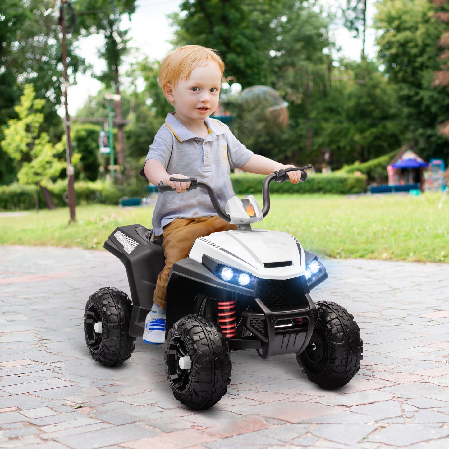 Qaba 12V Kids ATV with Four Wheels Spring Suspension, Forward & Backward, LED Light, MP3, Music, White