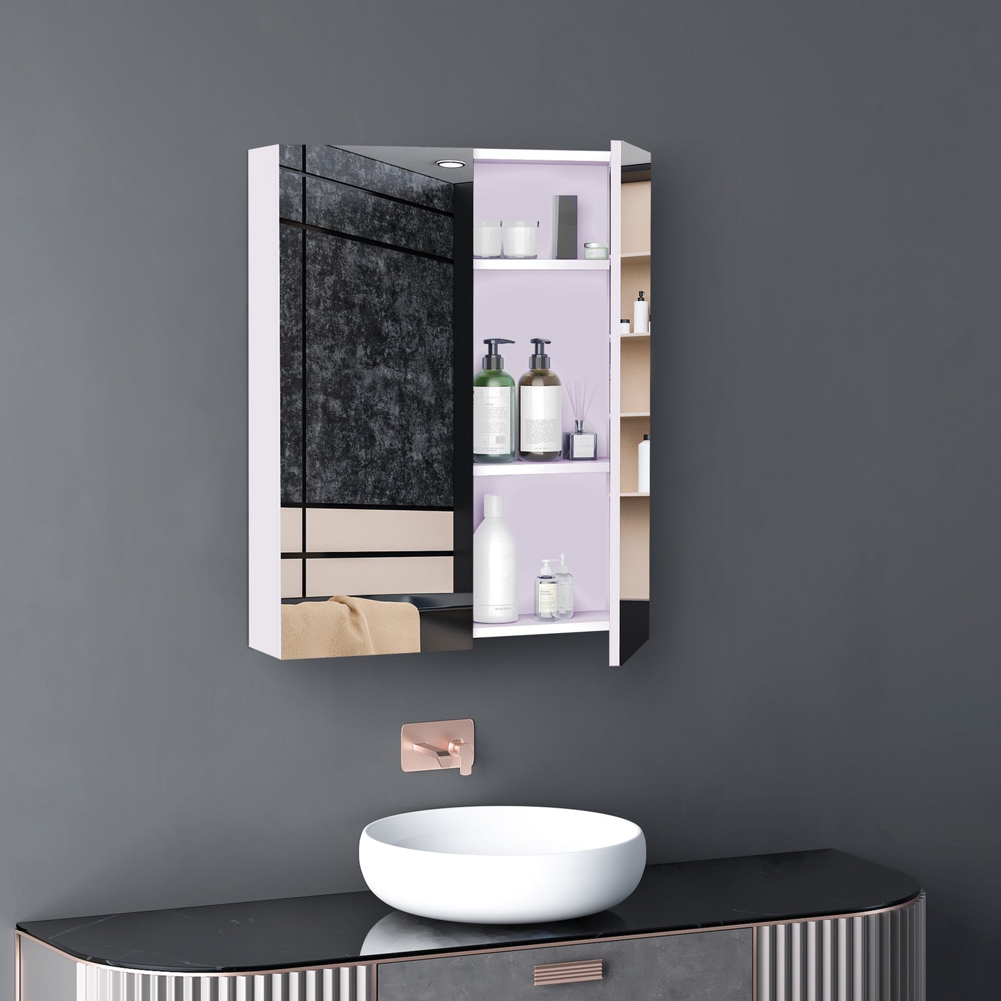 Wall Mount Medicine Cabinet with Mirror, Bathroom Mirror Cabinet Storage Organizer with Adjustable Shelf, Double Door Cupboard, Soft Closing, 23.5" x 29.5", Light Lilac