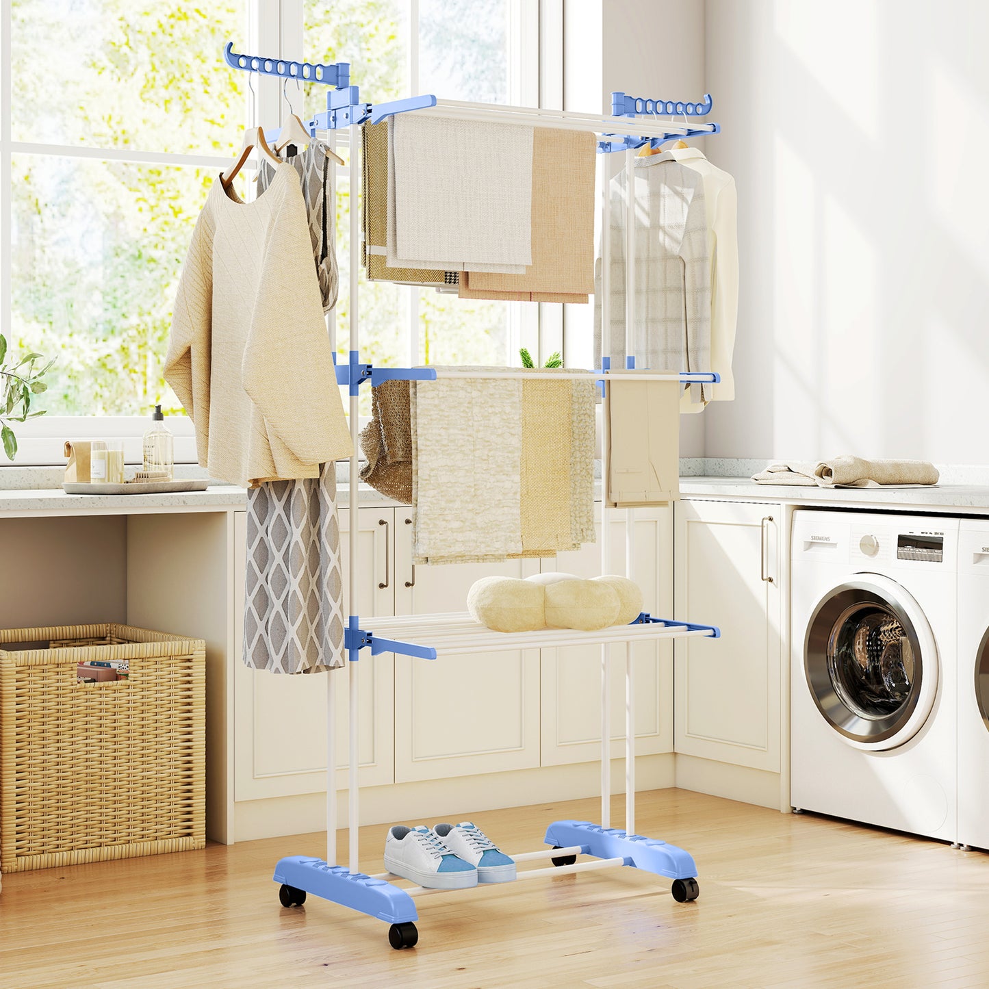 Foldable Clothes Drying Rack, 4-Tier Steel Laundry Rack for Drying Clothes with 2 Side Wings and 4 Castors, Indoor and Outdoor Use, Blue