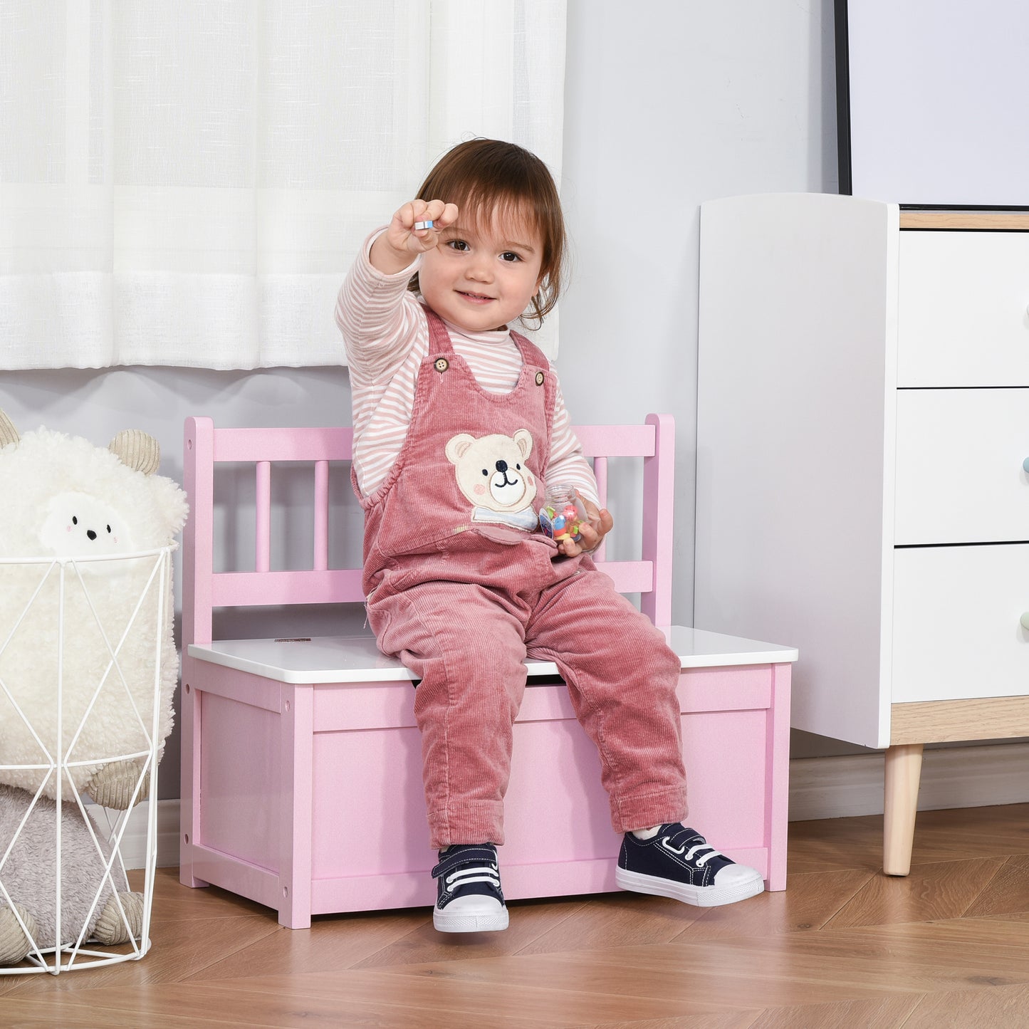 Qaba 2-in-1 Kids Toy Box Storage Organizer Chest Cabinet Chunk Cube with Safety Pneumatic Rod, Pink