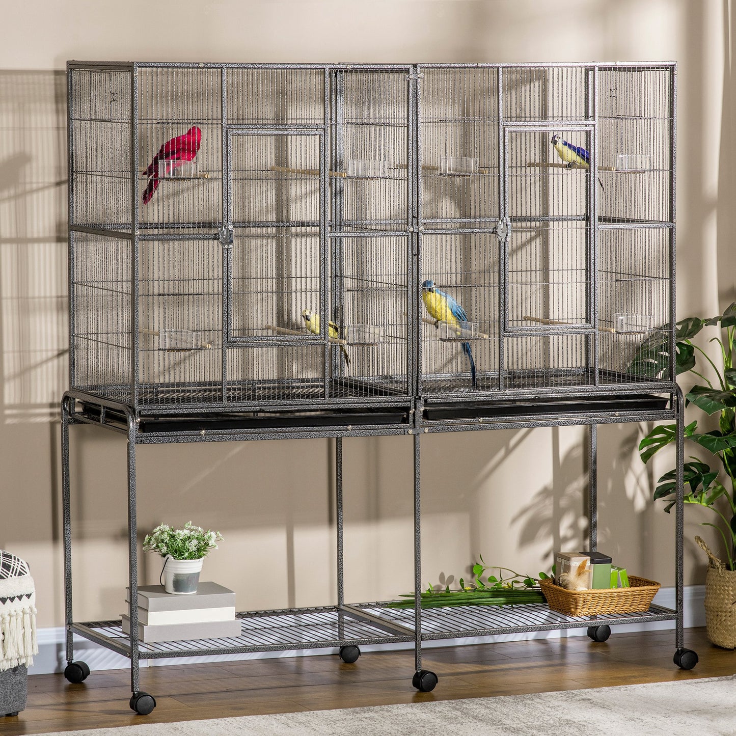 64" Extra Large Bird Cage, Rolling Metal Parrot Cage, Bird House with Detachable Rolling Stand, Storage Shelf, Wood Perch, Food Container, 62.8" x 18.9" x 64.2", Black