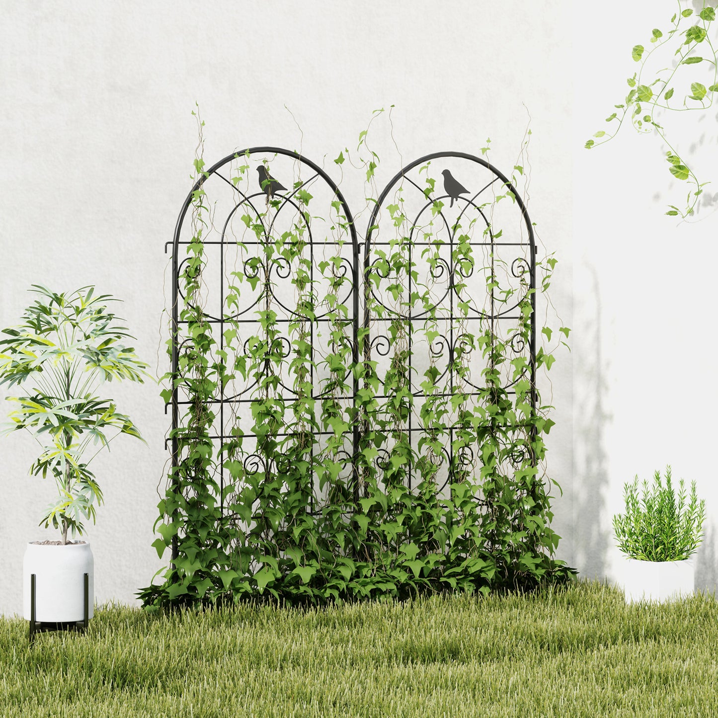 Set of 2 Metal Garden Trellis, Decorative Trellis Panels, Bird Design, 120 x 50 cm, Black