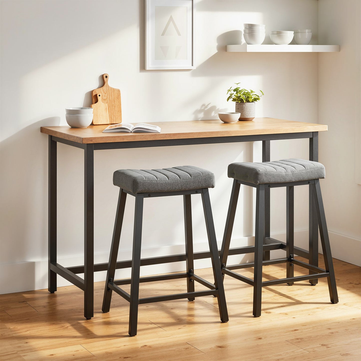 Set of 2 Bar Stools, Velvet Upholstered Counter Stools with Curved Seat and Footrest for Kitchen Island, Grey