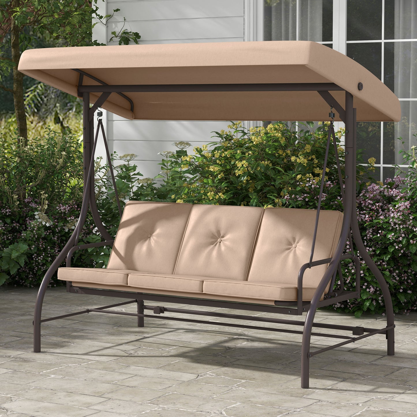Convertible Patio Swing Bed with Canopy and Cushions, 3 Seater Porch Swing for Outdoor, Backyard, Garden, Khaki