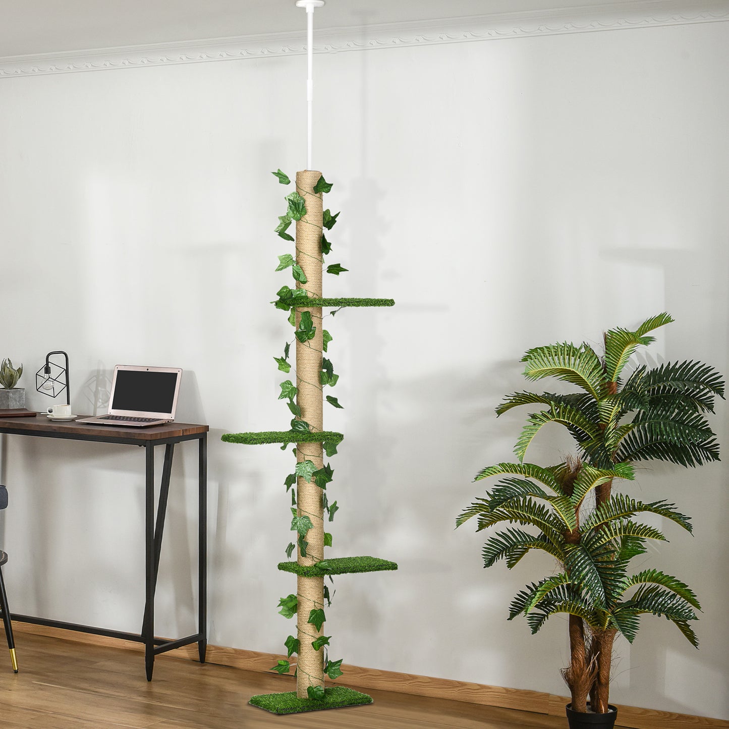 4-Tier Floor to Ceiling Cat Tree, Height(80-95Inches)Adjustable, Tall Cat Tower w/ Anti-Slip Kit, Leaves, Multi-Layer Activity Centre w/ Scratching Post