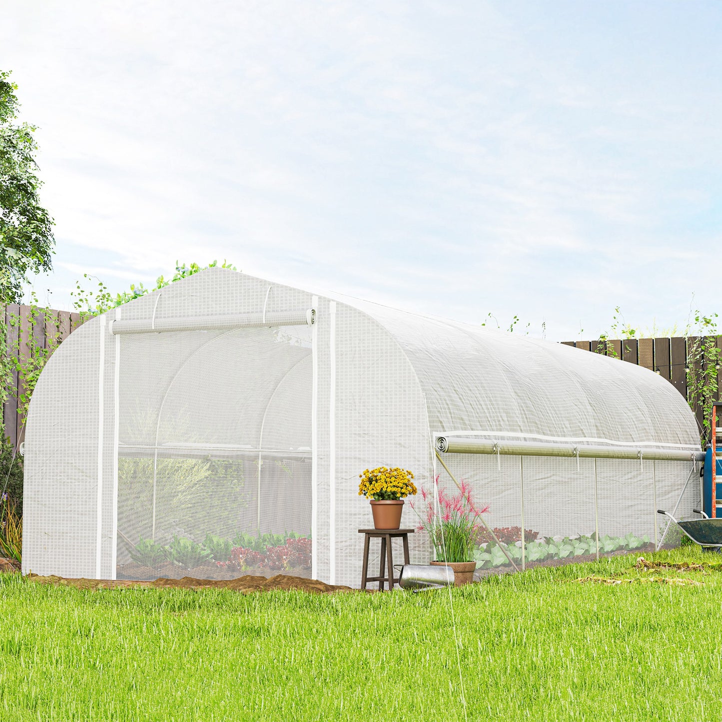19.5' x 10' x 6.6' Tunnel Greenhouse Outdoor Green House with Roll-up Mesh Sidewalls, Mesh Door, Galvanized Steel, Wind Resistant, White