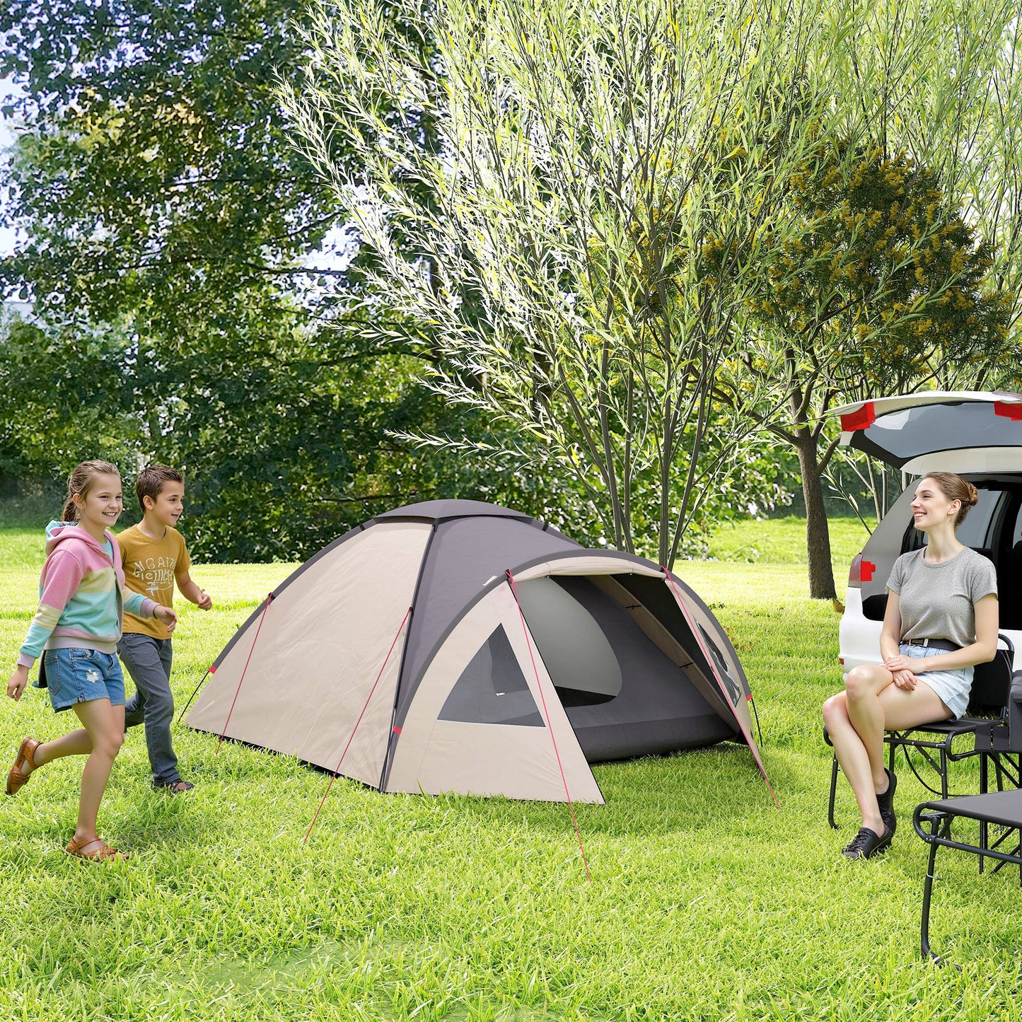 2 Person Camping Tent, Waterproof Family Dome Tent with Bedroom, Porch, Sewn-in Groundsheet and Hook, Khaki