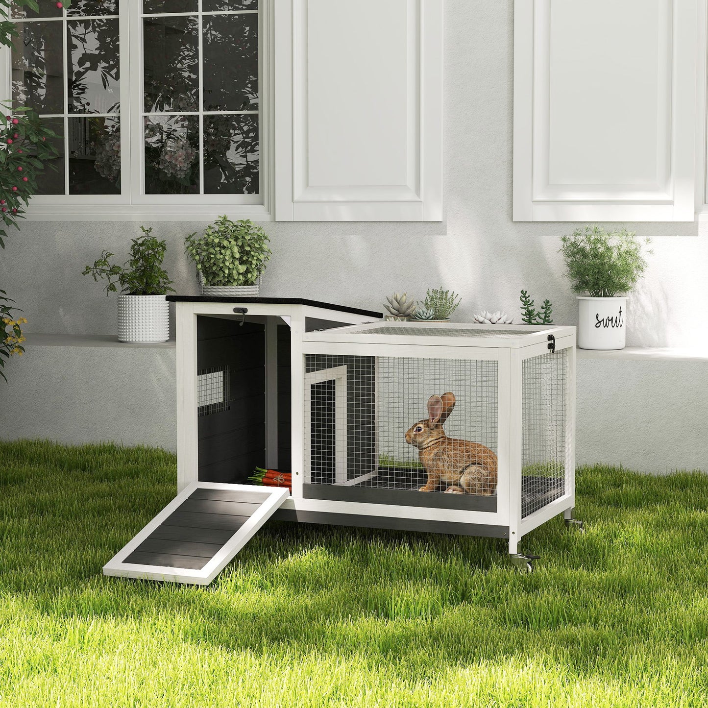 Wooden Rabbit Hutch with Pull-Out Tray, Asphalt Openable Roof, Small Animal Cage on Wheels with Run, Grey