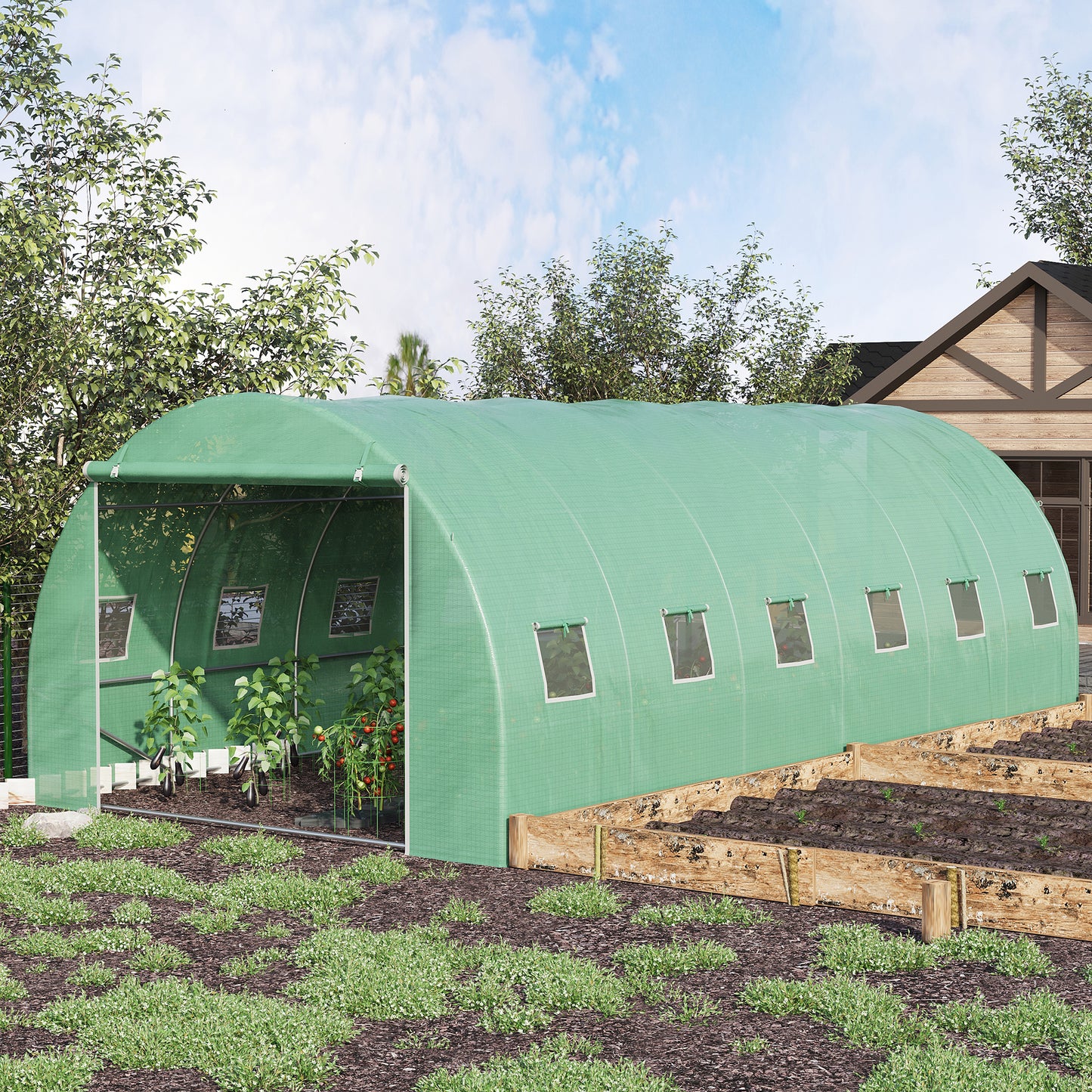 19.7' x 9.8' x 6.6' Large Walk-in Greenhouse Garden Plant Seed Growing Tent Tunnel Shed with Windows and Door Green