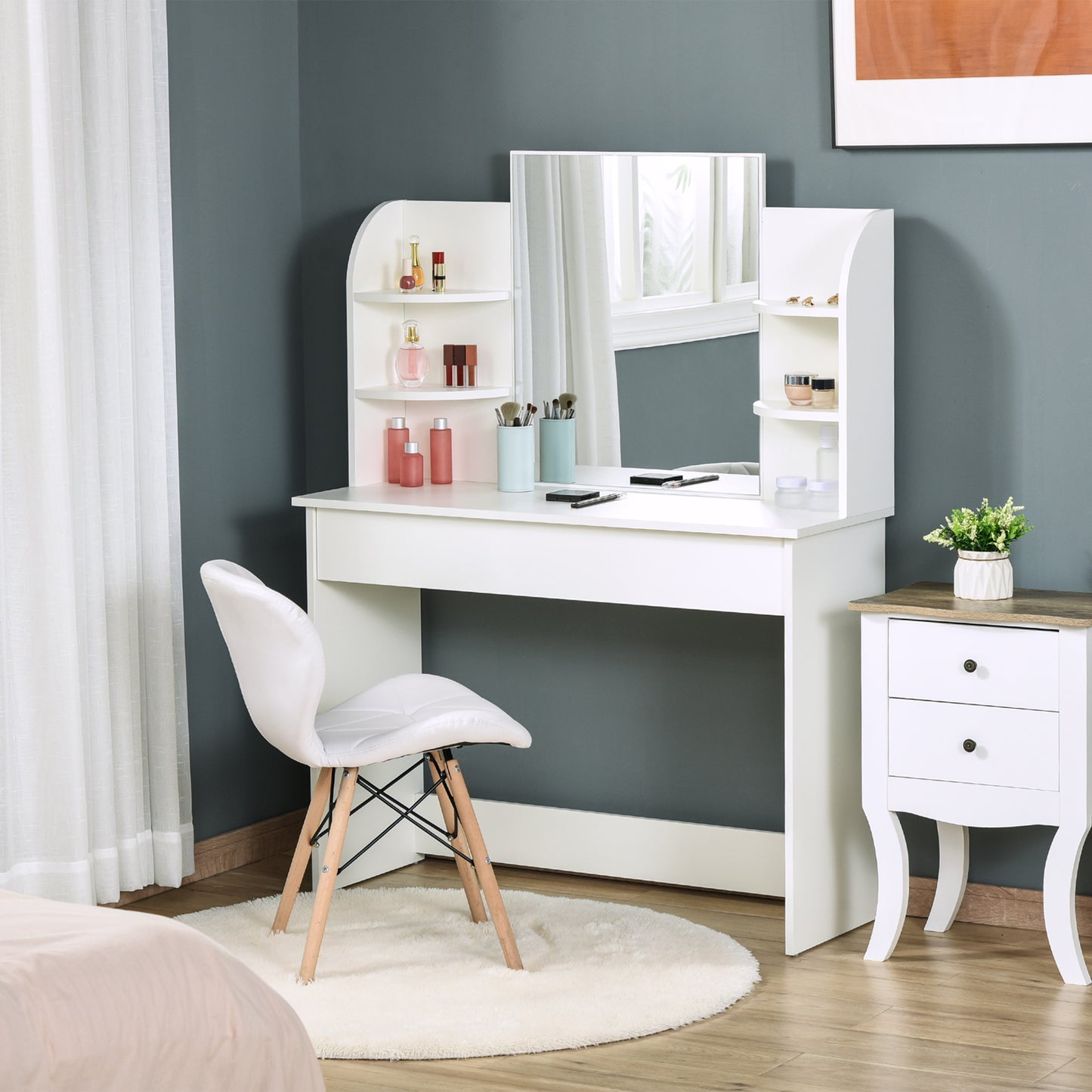 Vanity Desk with Mirror, Makeup Vanity with Open Shelves and Drawer, Dressing Table for Bedroom, White