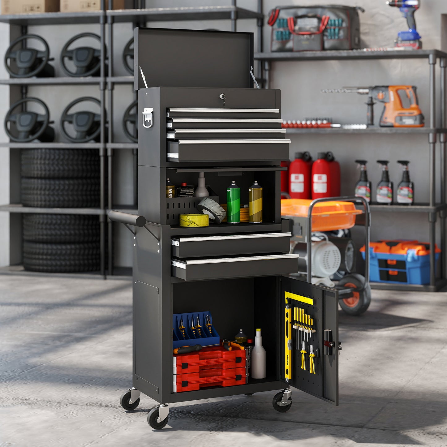 Large Tool Cabinet, 3-in-1 Rolling Tool Chest, Detachable Tool Storage Organizer with 6 Drawers and Pegboard, Black