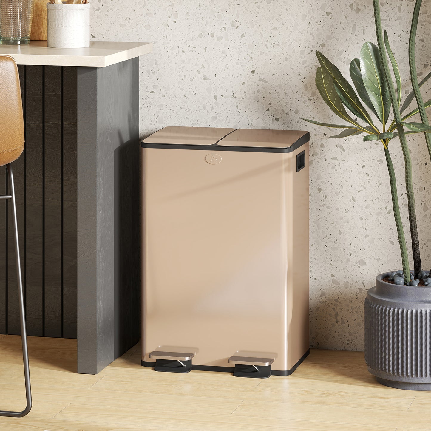 Dual Garbage Bin, Soft-Close Trash Can with Foot Pedal, 2 x 28 Liter Garbage Can with Removable Inner Buckets, Gold