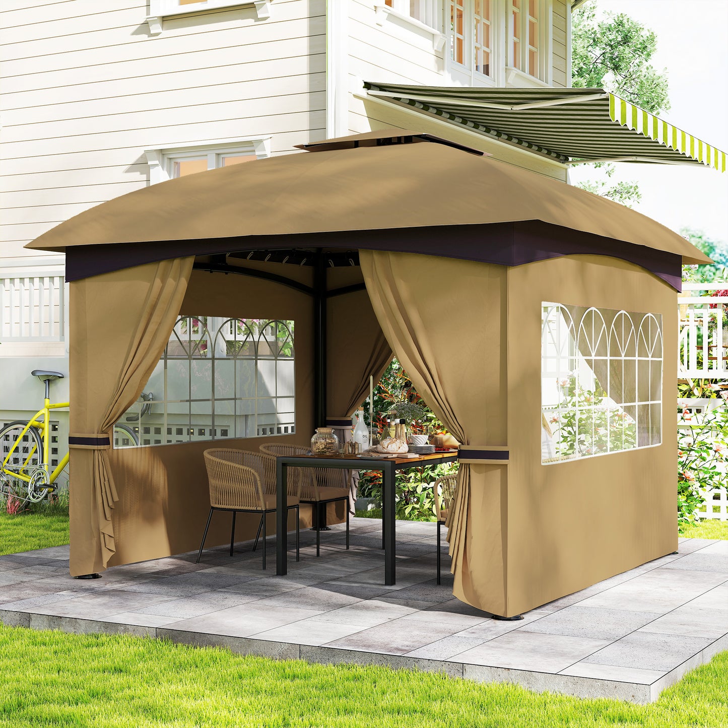 11' x 11' Outdoor Gazebo, Double Roof Patio Gazebo Canopy with Curtains, Church Windows, Galvanised Steel Frame, Beige