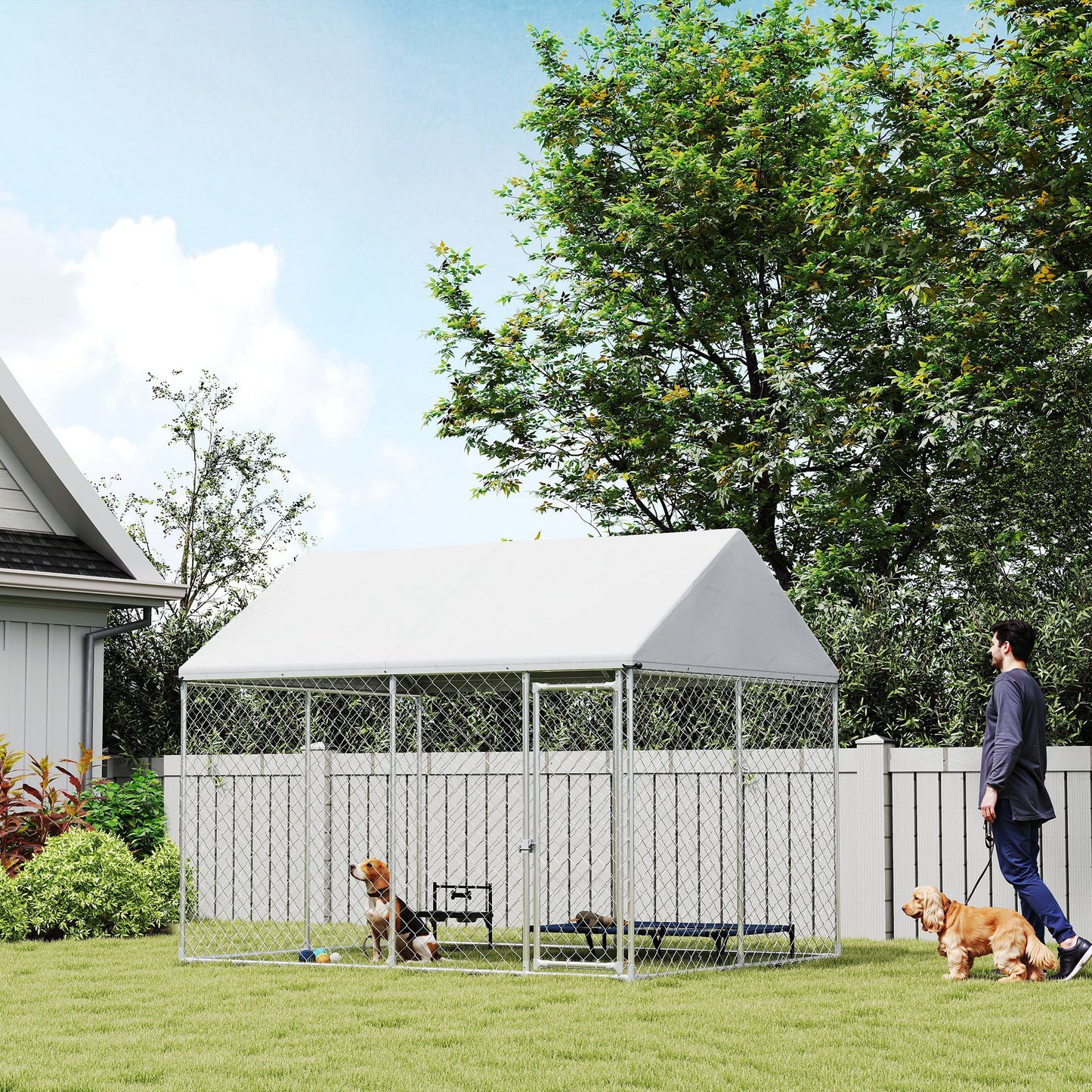 Heavy Duty Galvanized Steel Outdoor Dog Kennel with Waterproof Roof, Safety Lockable Latch System, 9.2' x 7.5' x 7.2'