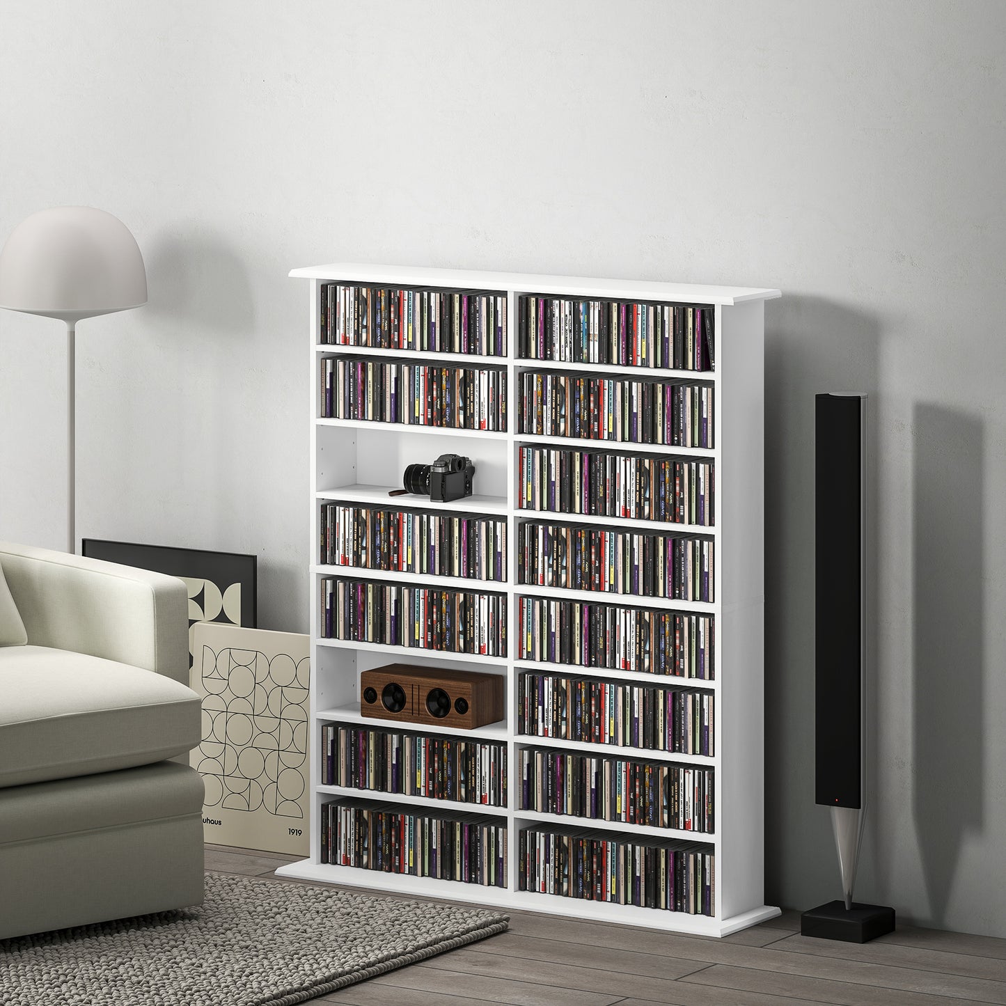 8-Tier DVD Shelf with 12 Adjustable Shelves, Double CD Shelf, Holds 720 CDs, 396 DVDs or 396 Blu-rays, White