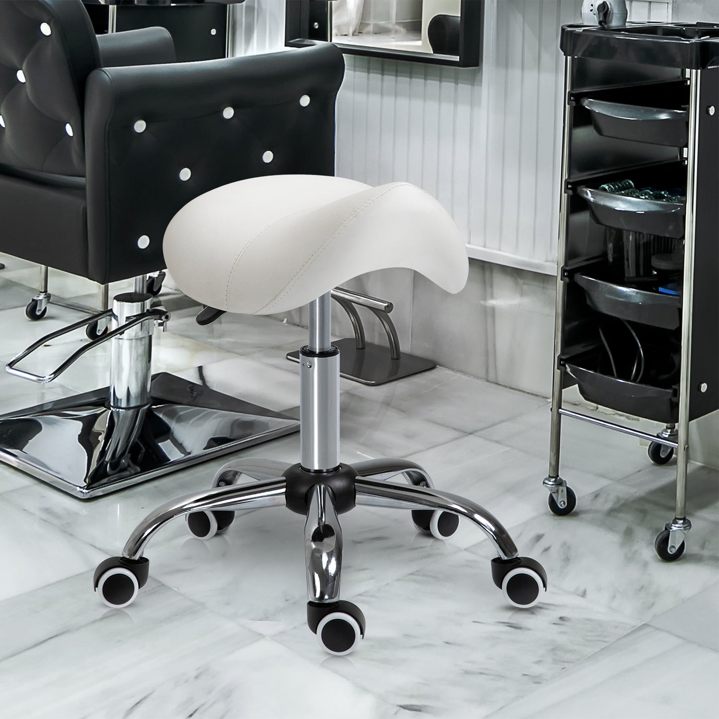 Ergonomic Saddle Stool with Wheels, Adjustable PU Leather Saddle Chair, 360° Swivel, No Back Pain, Healthy Posture, Salon Chair for Massage Medical Home, Cream White