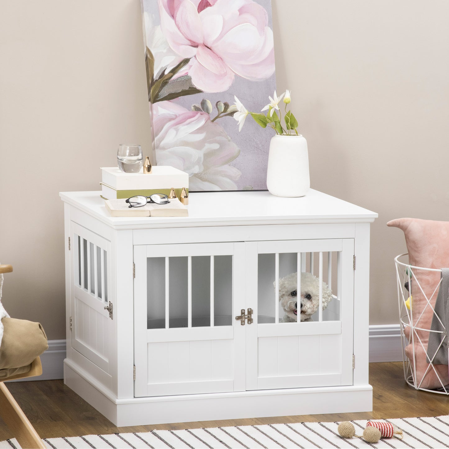 31" Dog Crate Furniture End Table with Three Doors for Small Dogs, White
