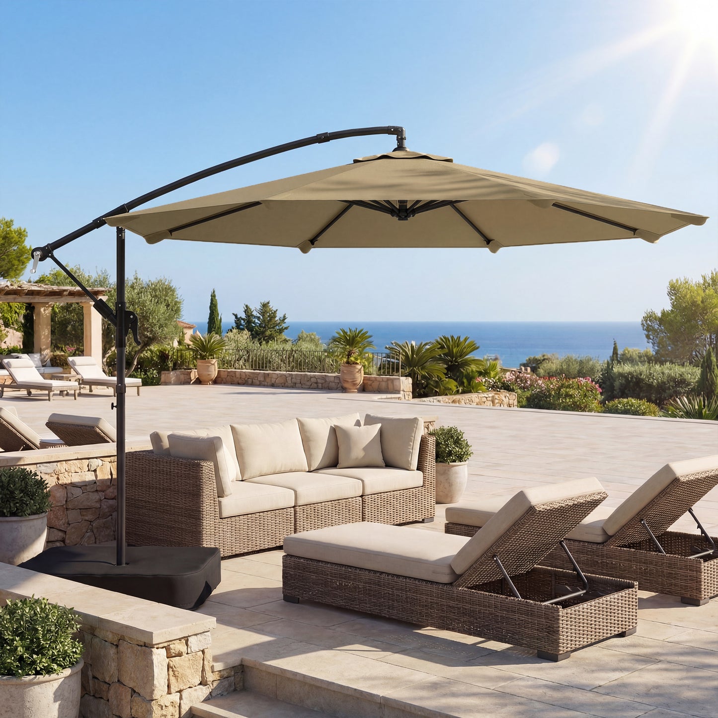 9.6 ft Offset Patio Umbrella with Sandbag, Garden Hanging Banana Cantilever Parasol with 360° Rotation, Khaki
