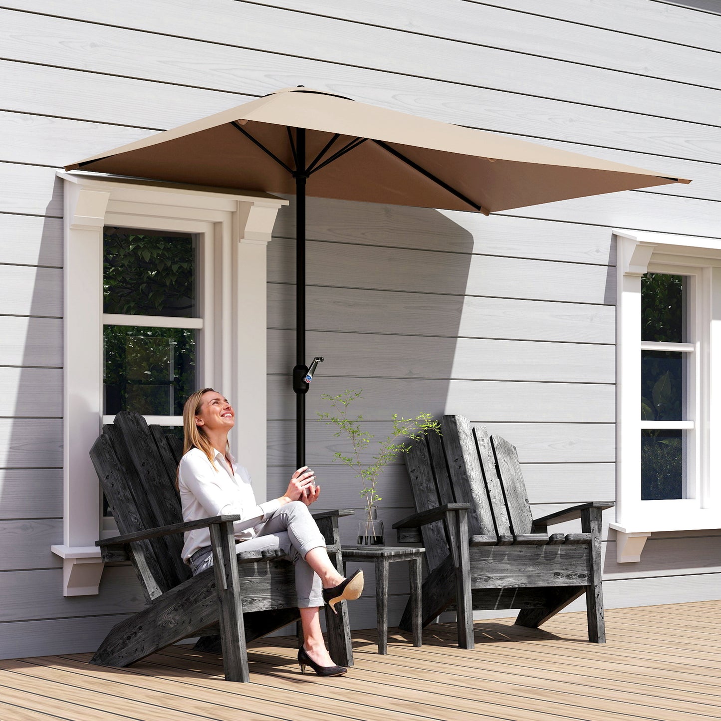 8ft Half Round Umbrella Outdoor Balcony Parasol Patio Garden Outdoor Window Sun Shade w/ 5 Ribs