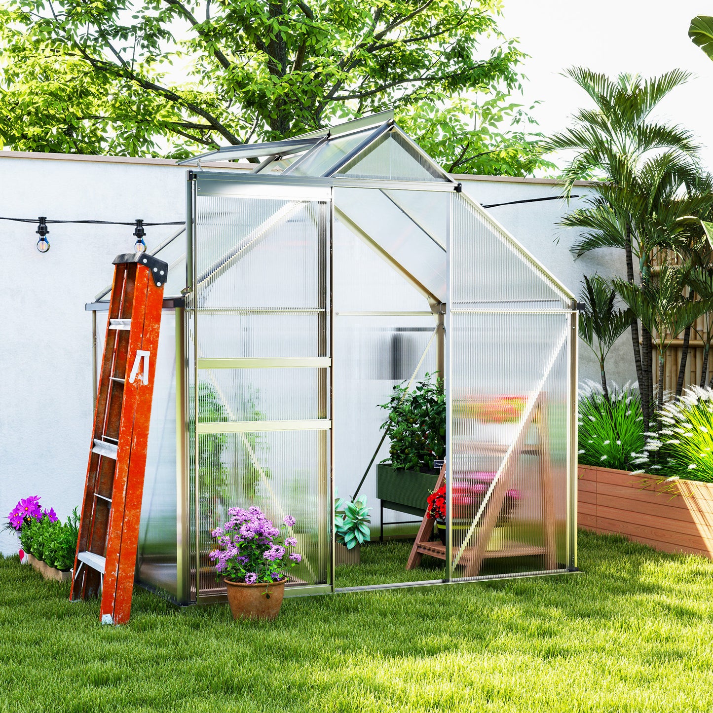 6' x 4' x 6.6' Walk-in Greenhouse, Polycarbonate Greenhouse with Adjustable Roof Vent, Base, Sliding Door, Clear