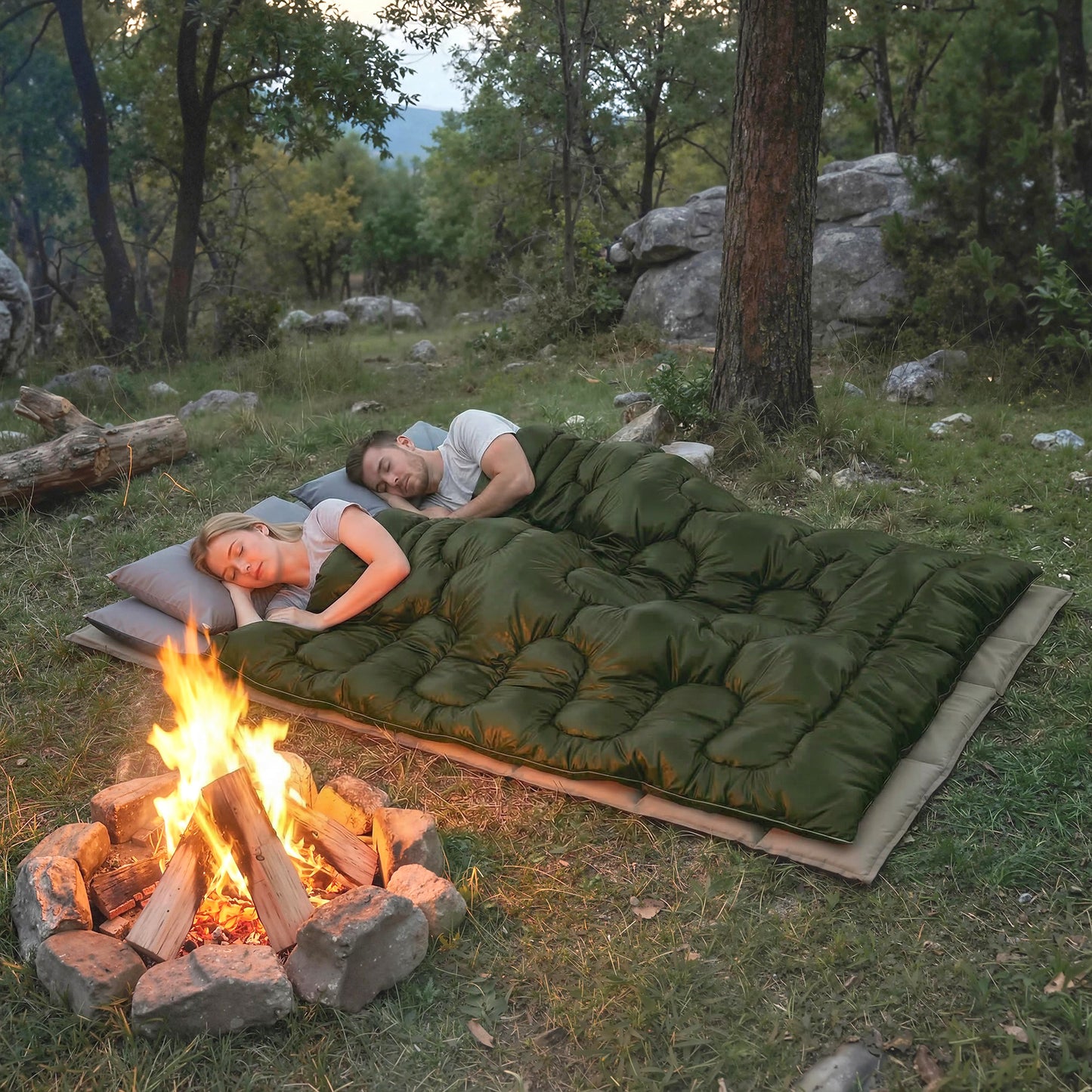 Double Sleeping Bag for Adults, Queen Size 2 Person Sleeping Bag with 2 Pillows, for Cold Weather & Warm, Green