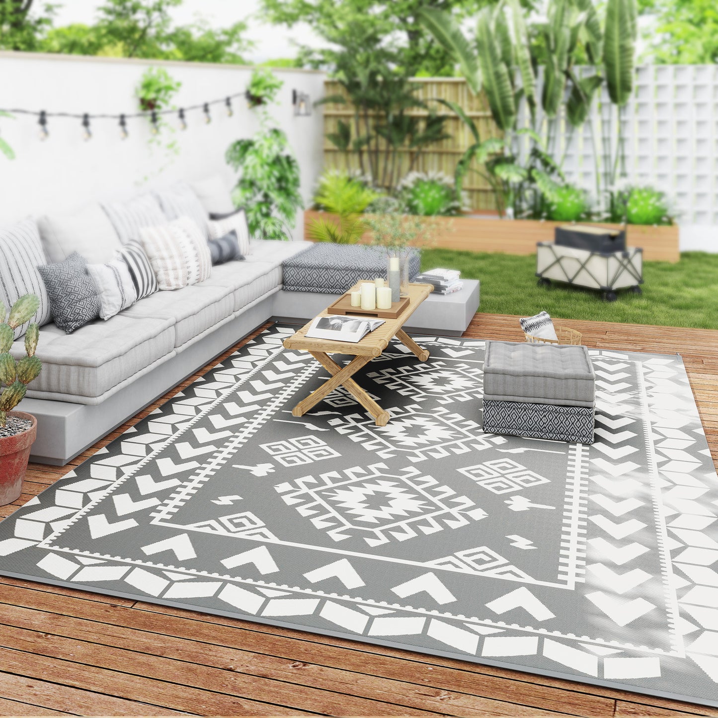 9' x 12' Outdoor RV Rug, Reversible Patio Floor Mat with Carry Bag, Rhombus Patchwork, Grey and White